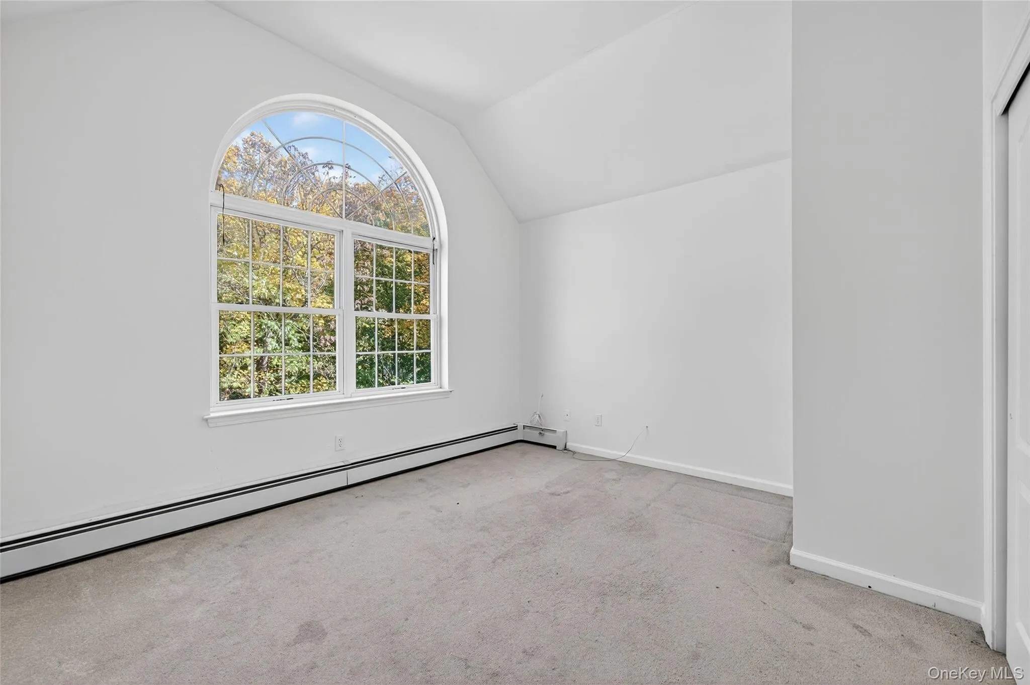 Additional living space with lofted ceiling, a baseboard radiator, and light colored carpet Additional living space with lofted ceiling, a baseboard radiator, and light colored carpet