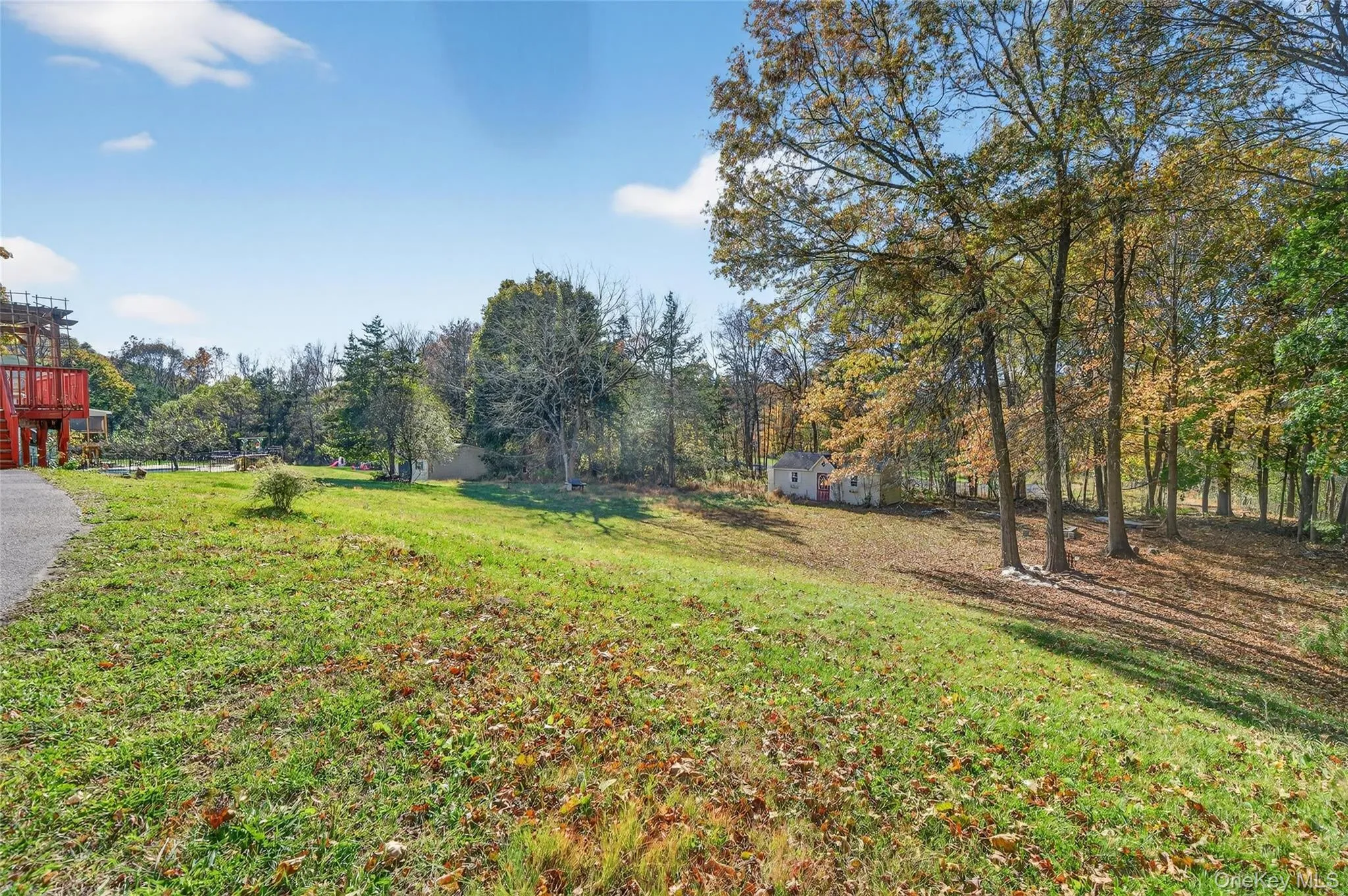 View of green lawn featuring a shed View of green lawn featuring a shed