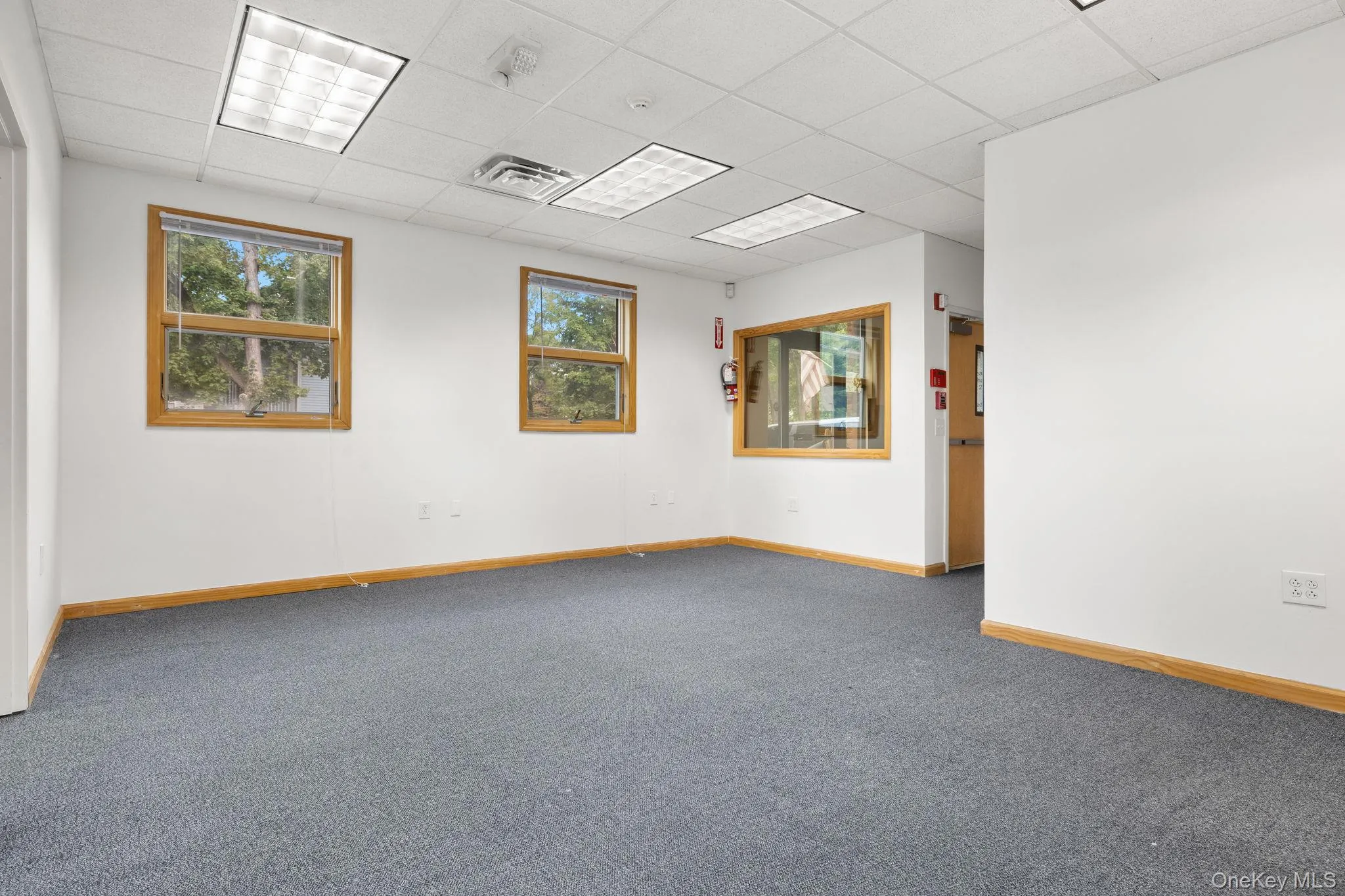Unfurnished room with a paneled ceiling and carpet floors Unfurnished room with a paneled ceiling and carpet floors