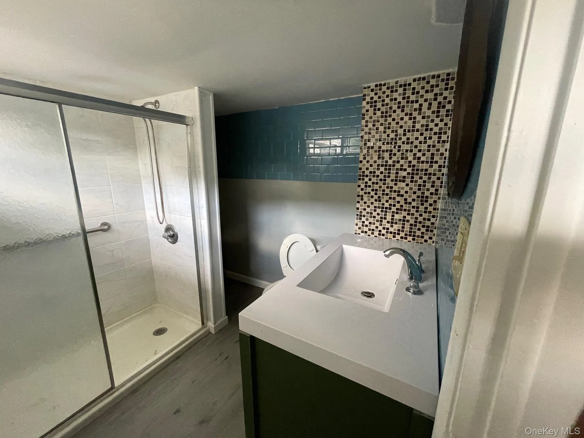 Bathroom with vanity, a stall shower, and dark wood-style flooring Bathroom with vanity, a stall shower, and dark wood-style flooring