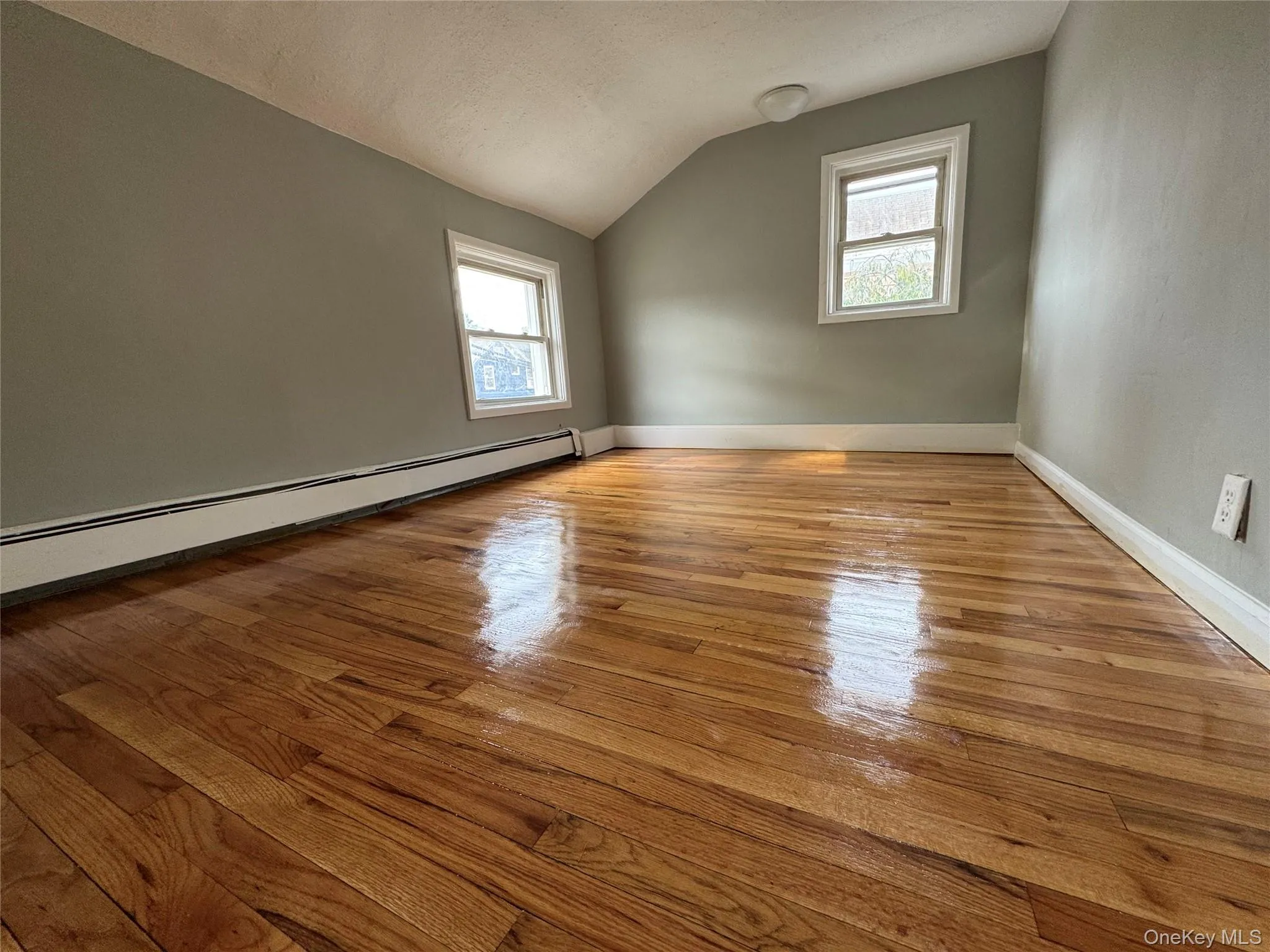 Unfurnished room featuring vaulted ceiling, a baseboard radiator, light wood-style flooring, and a textured ceiling Unfurnished room featuring vaulted ceiling, a baseboard radiator, light wood-style flooring, and a textured ceiling