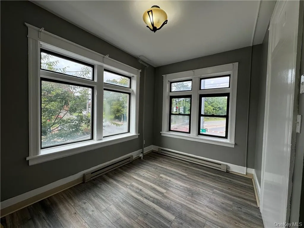 Empty room with a baseboard heating unit and dark wood-type flooring Empty room with a baseboard heating unit and dark wood-type flooring