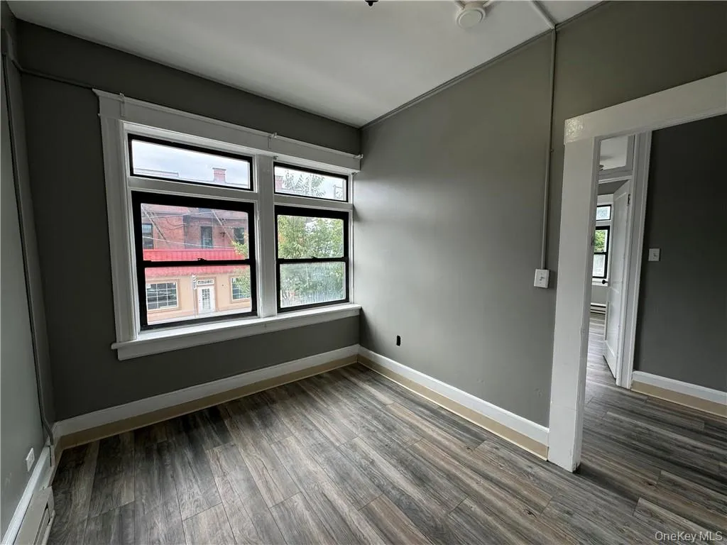 Empty room with a baseboard heating unit, a healthy amount of sunlight, and wood-type flooring Empty room with a baseboard heating unit, a healthy amount of sunlight, and wood-type flooring