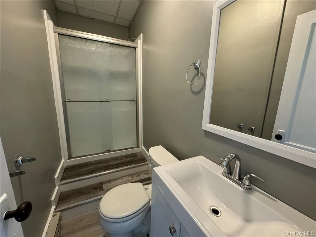 Bathroom featuring vanity, toilet, a paneled ceiling, and a shower with door Bathroom featuring vanity, toilet, a paneled ceiling, and a shower with door