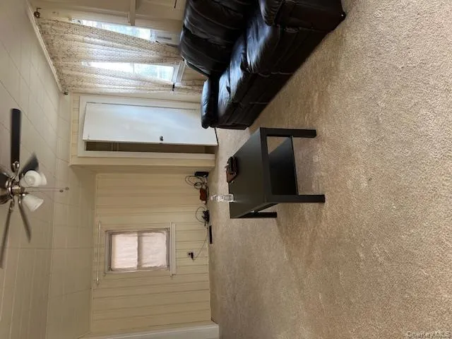 Living area featuring carpet floors and ceiling fan Living area featuring carpet floors and ceiling fan