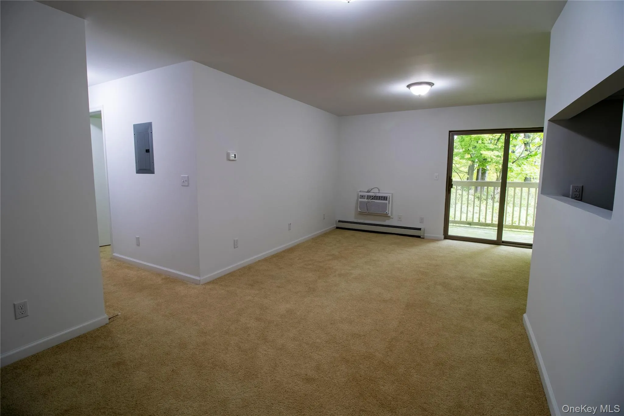 Empty room featuring a baseboard heating unit, light colored carpet, electric panel, and a wall unit AC Empty room featuring a baseboard heating unit, light colored carpet, electric panel, and a wall unit AC