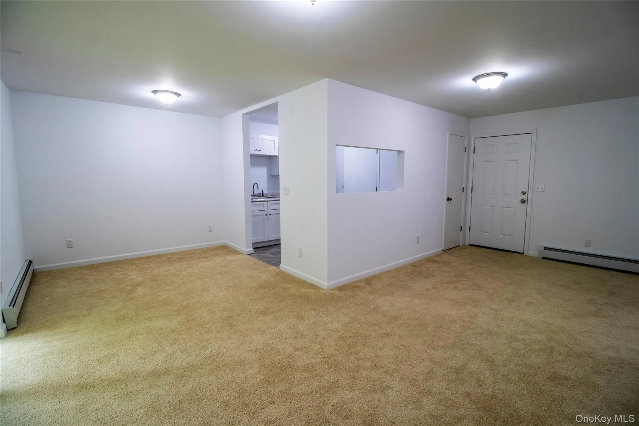 Empty room featuring light carpet and baseboard heating Empty room featuring light carpet and baseboard heating