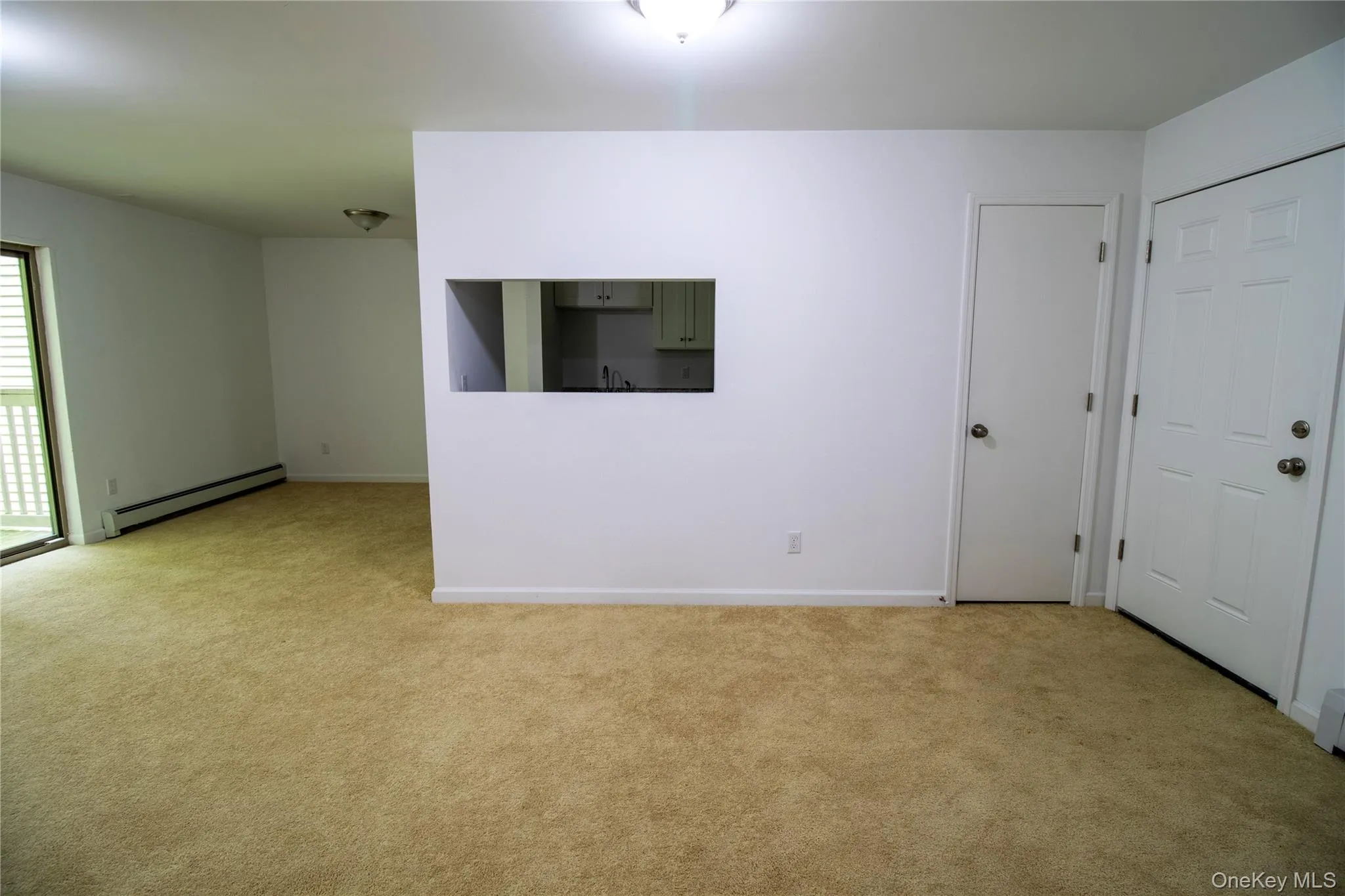 Empty room featuring a baseboard radiator and light colored carpet Empty room featuring a baseboard radiator and light colored carpet