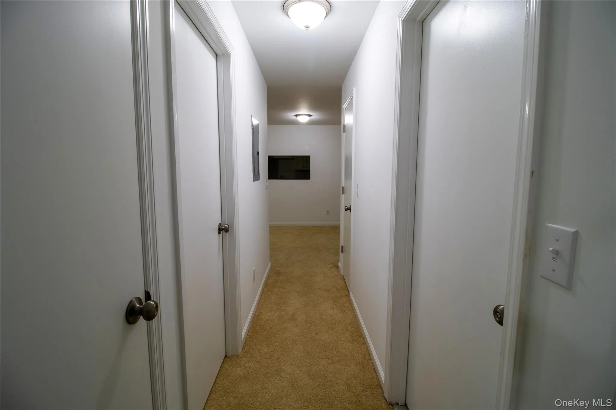 Corridor featuring light carpet and baseboards Corridor featuring light carpet and baseboards