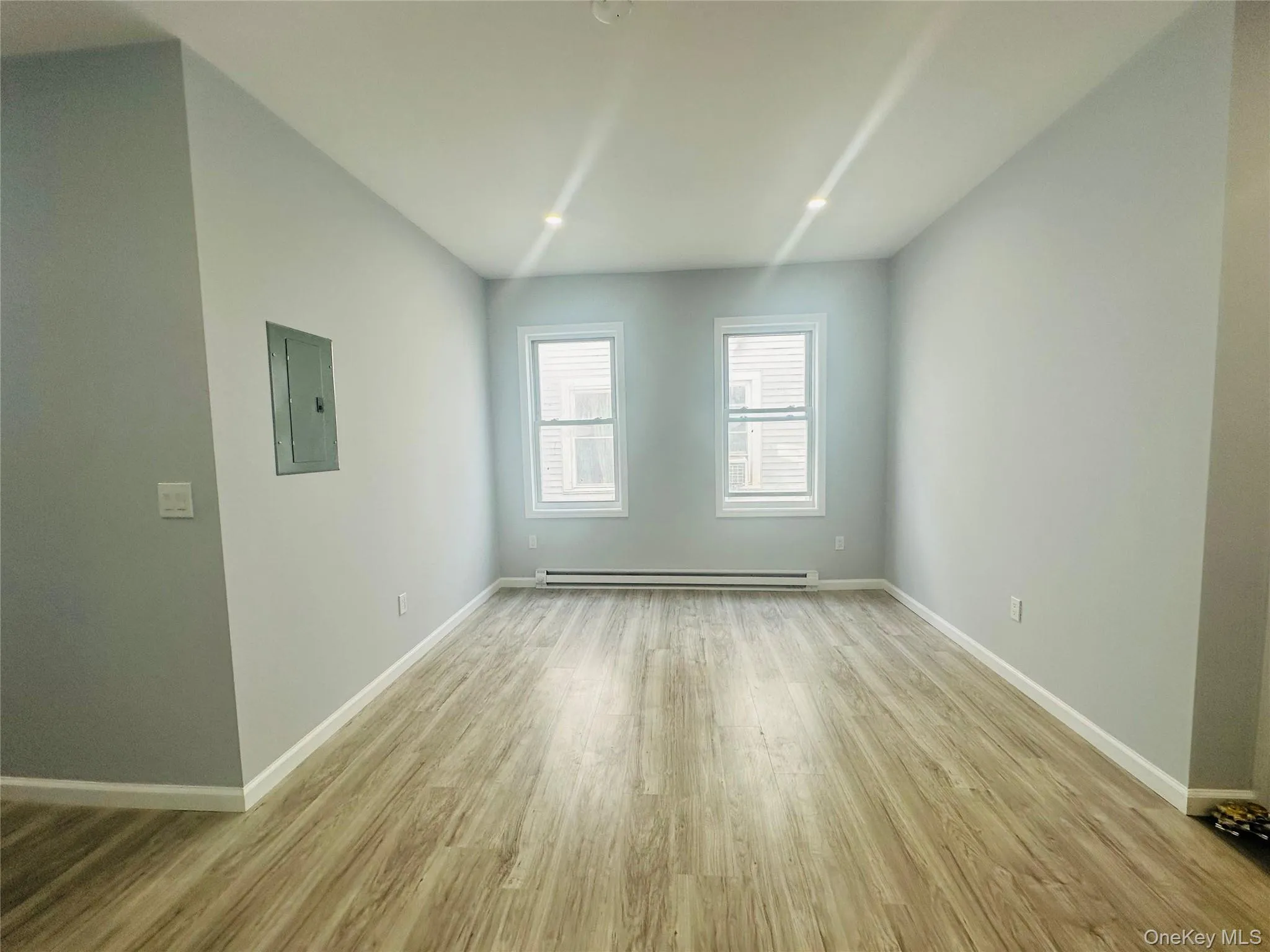 Unfurnished room with light wood finished floors, electric panel, and a baseboard radiator Unfurnished room with light wood finished floors, electric panel, and a baseboard radiator