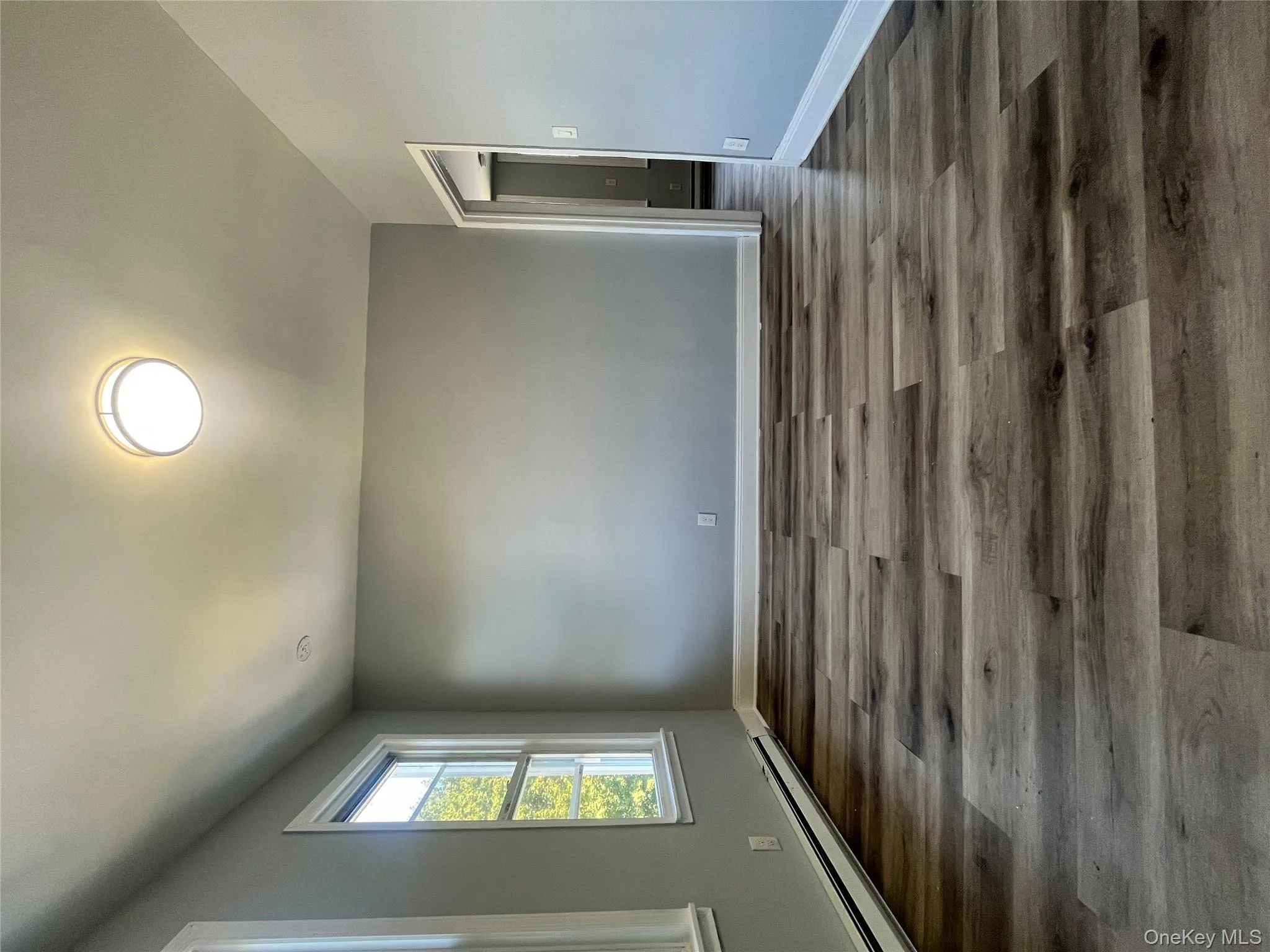 Spare room with a baseboard heating unit and dark wood-type flooring Spare room with a baseboard heating unit and dark wood-type flooring