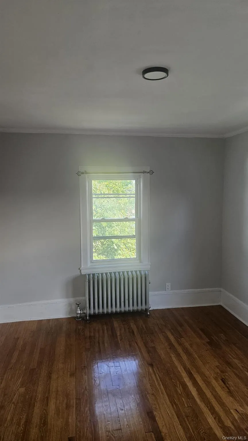 Spare room featuring radiator, dark wood finished floors, and ornamental molding Spare room featuring radiator, dark wood finished floors, and ornamental molding