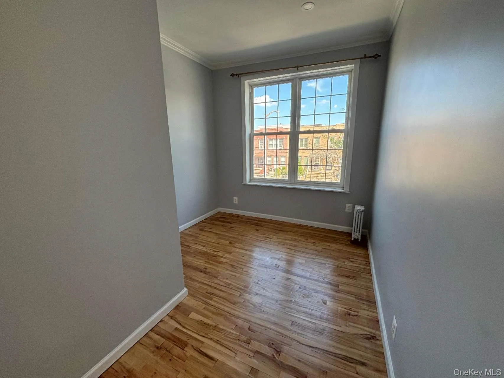 Unfurnished room featuring crown molding, light wood-style flooring, and radiator Unfurnished room featuring crown molding, light wood-style flooring, and radiator
