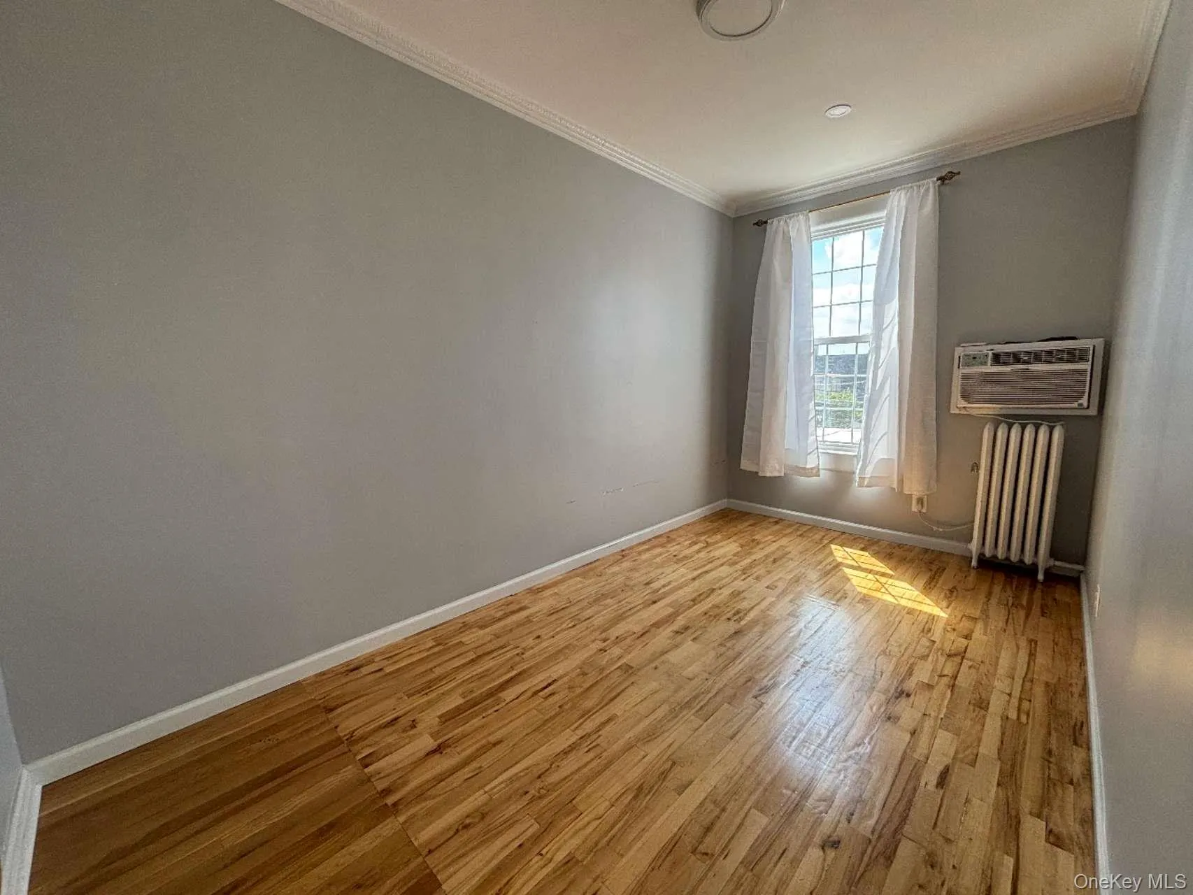 Spare room with ornamental molding, wood finished floors, radiator, and an AC wall unit Spare room with ornamental molding, wood finished floors, radiator, and an AC wall unit