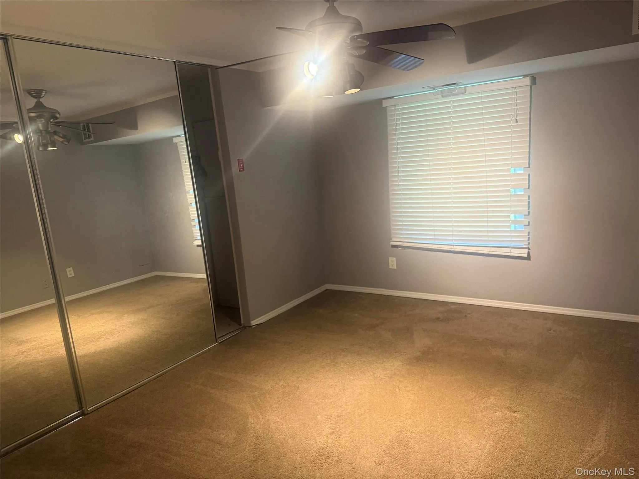 Unfurnished bedroom with a closet, carpet flooring, and a ceiling fan Unfurnished bedroom with a closet, carpet flooring, and a ceiling fan