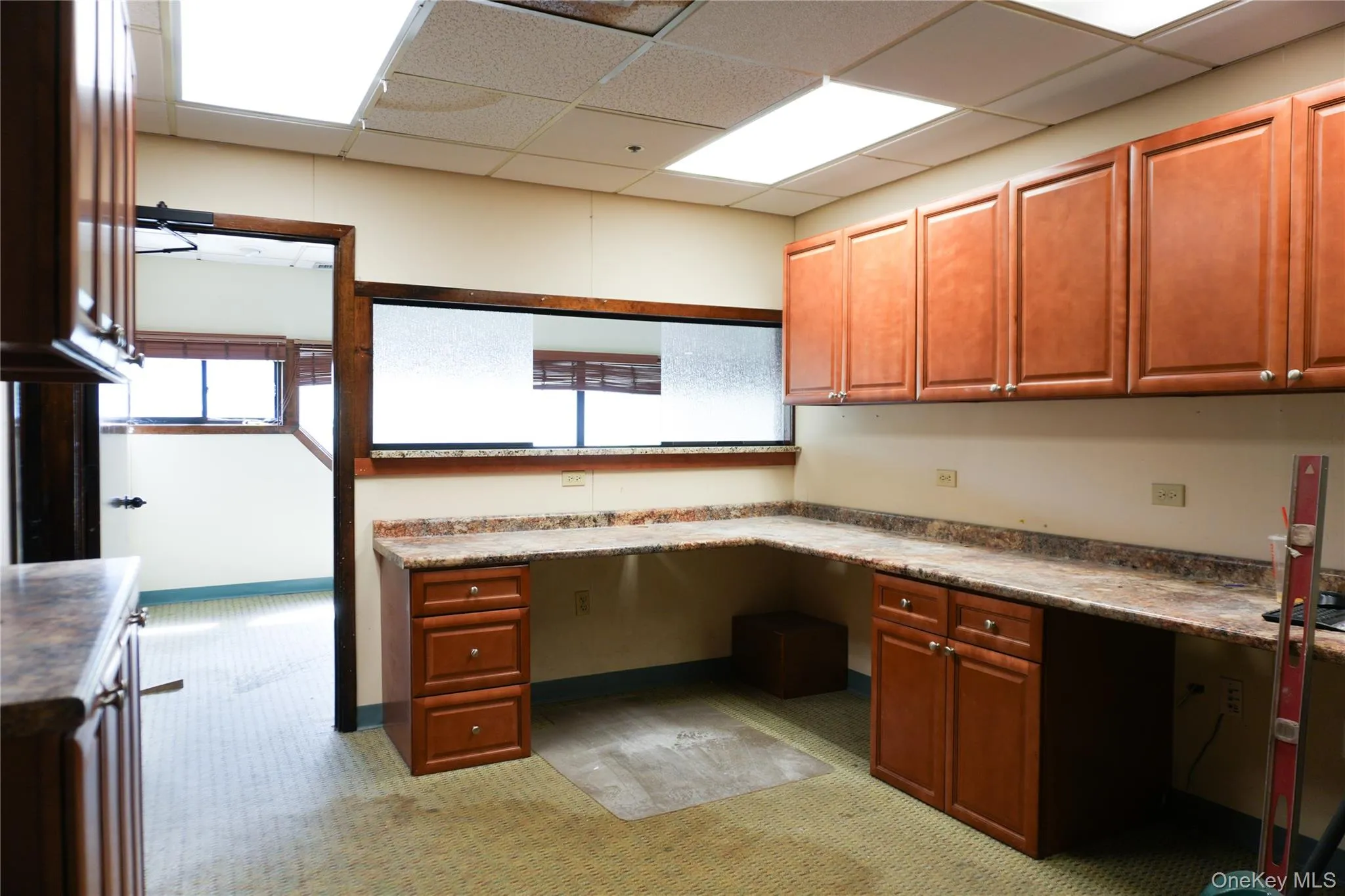 Unfurnished office featuring a drop ceiling, light colored carpet, and built in desk Unfurnished office featuring a drop ceiling, light colored carpet, and built in desk