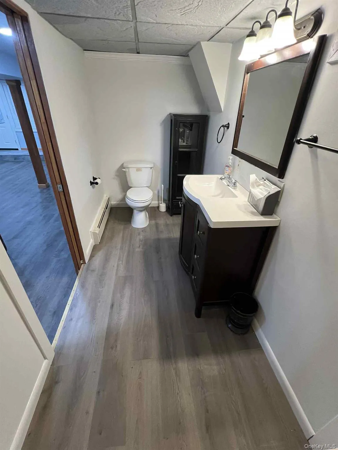 Half bath with vanity, dark wood-style floors, a paneled ceiling, and baseboard heating Half bath with vanity, dark wood-style floors, a paneled ceiling, and baseboard heating