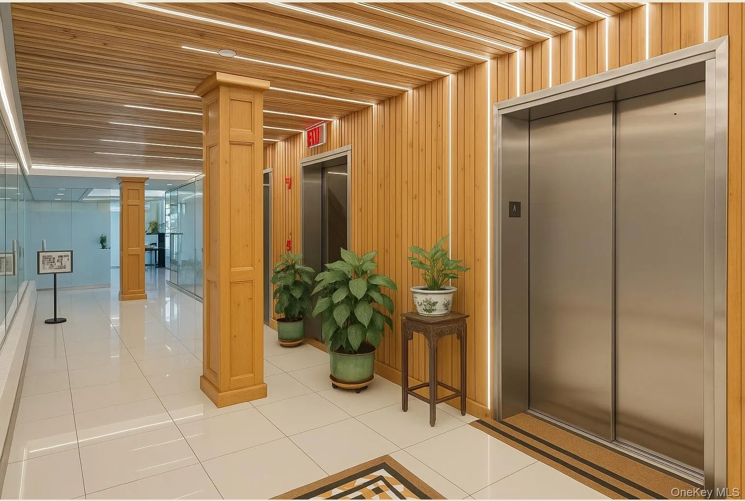 Community lobby featuring wooden ceiling and wood walls Community lobby featuring wooden ceiling and wood walls
