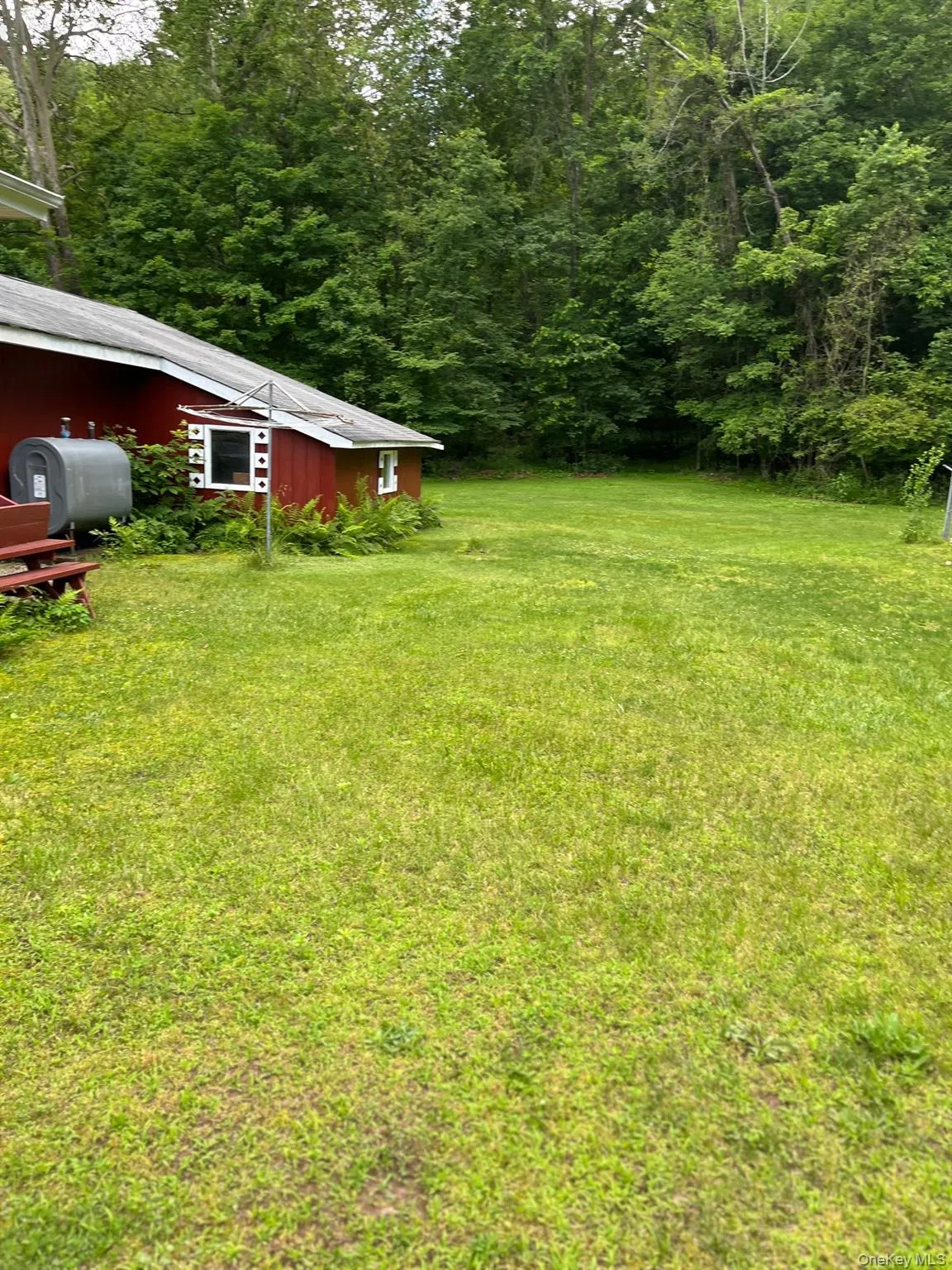 View of green lawn with oil tank and a forest view View of green lawn with oil tank and a forest view