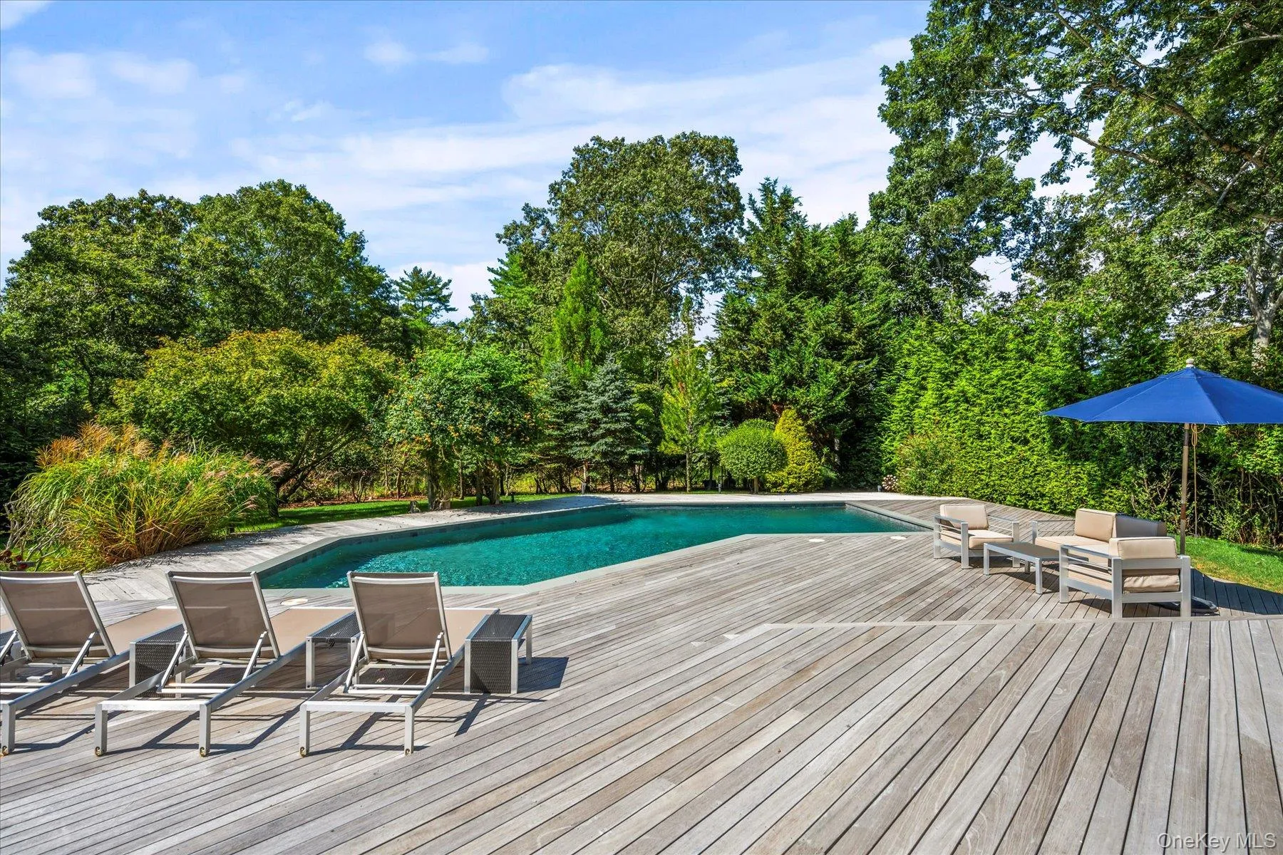 Swimming pool with a deck, grilling area, and view of wooded area Swimming pool with a deck, grilling area, and view of wooded area