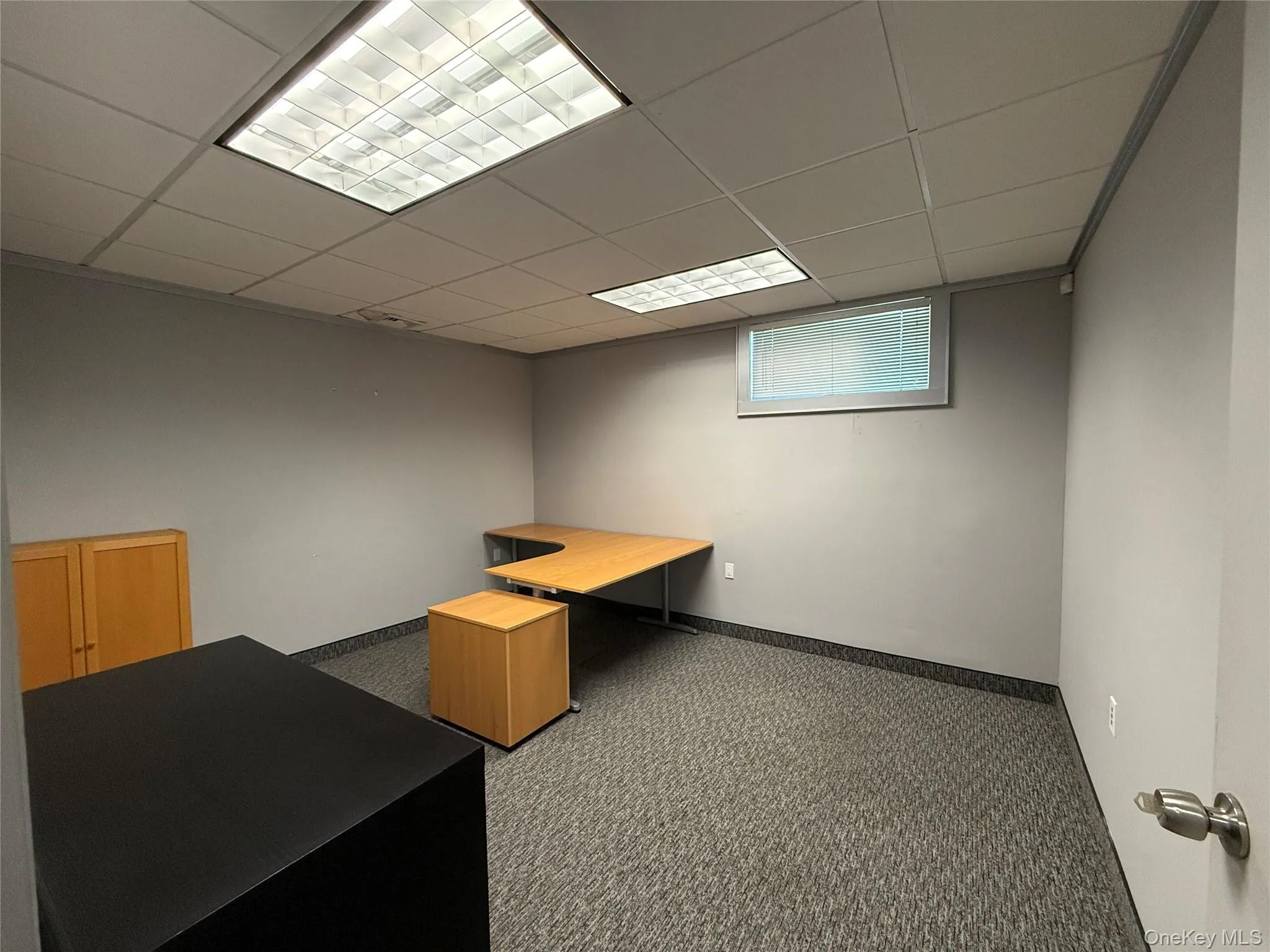 Office with a drop ceiling and carpet floors Office with a drop ceiling and carpet floors