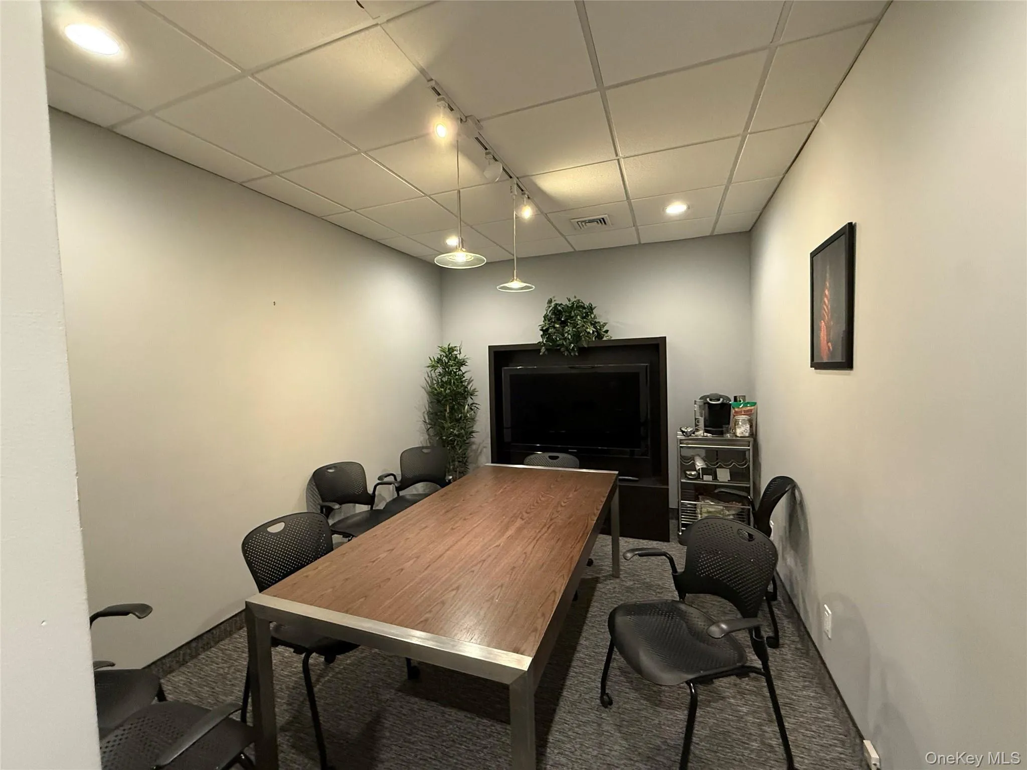 Carpeted office space featuring rail lighting and a paneled ceiling Carpeted office space featuring rail lighting and a paneled ceiling