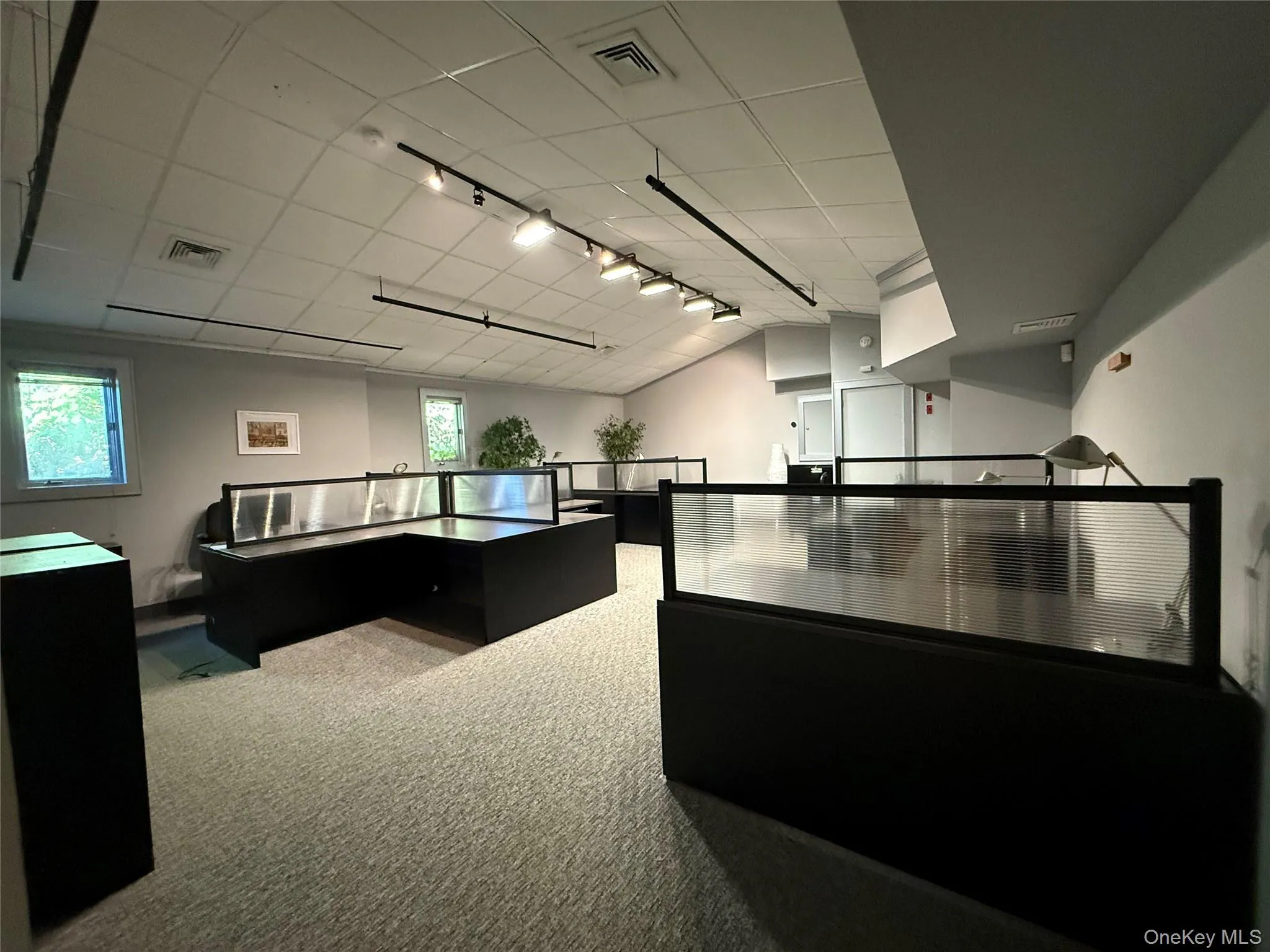 Office with light colored carpet, track lighting, and a paneled ceiling Office with light colored carpet, track lighting, and a paneled ceiling