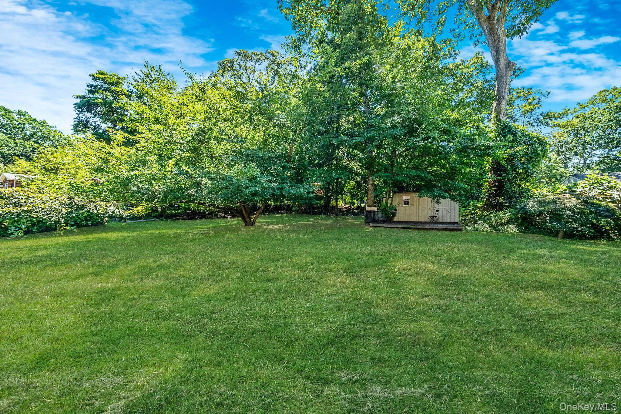 View of green lawn with a shed, view of wooded area, and a deck View of green lawn with a shed, view of wooded area, and a deck