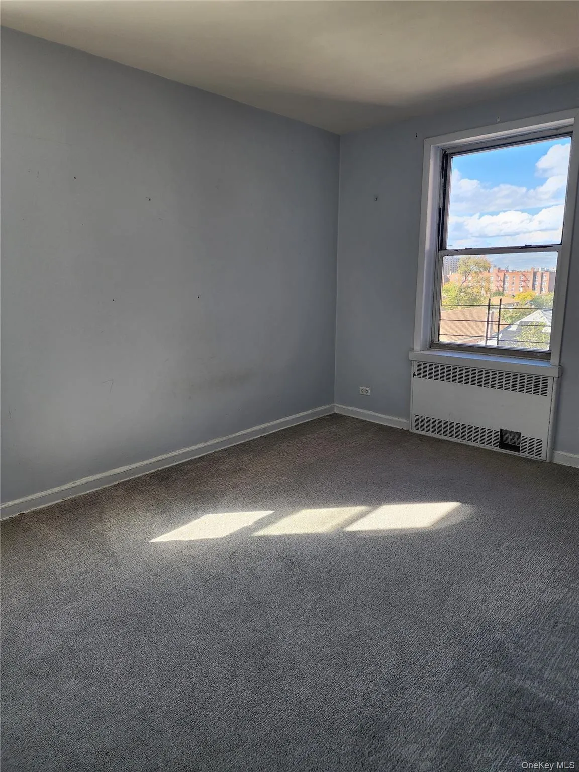 Carpeted empty room with radiator and baseboards Carpeted empty room with radiator and baseboards