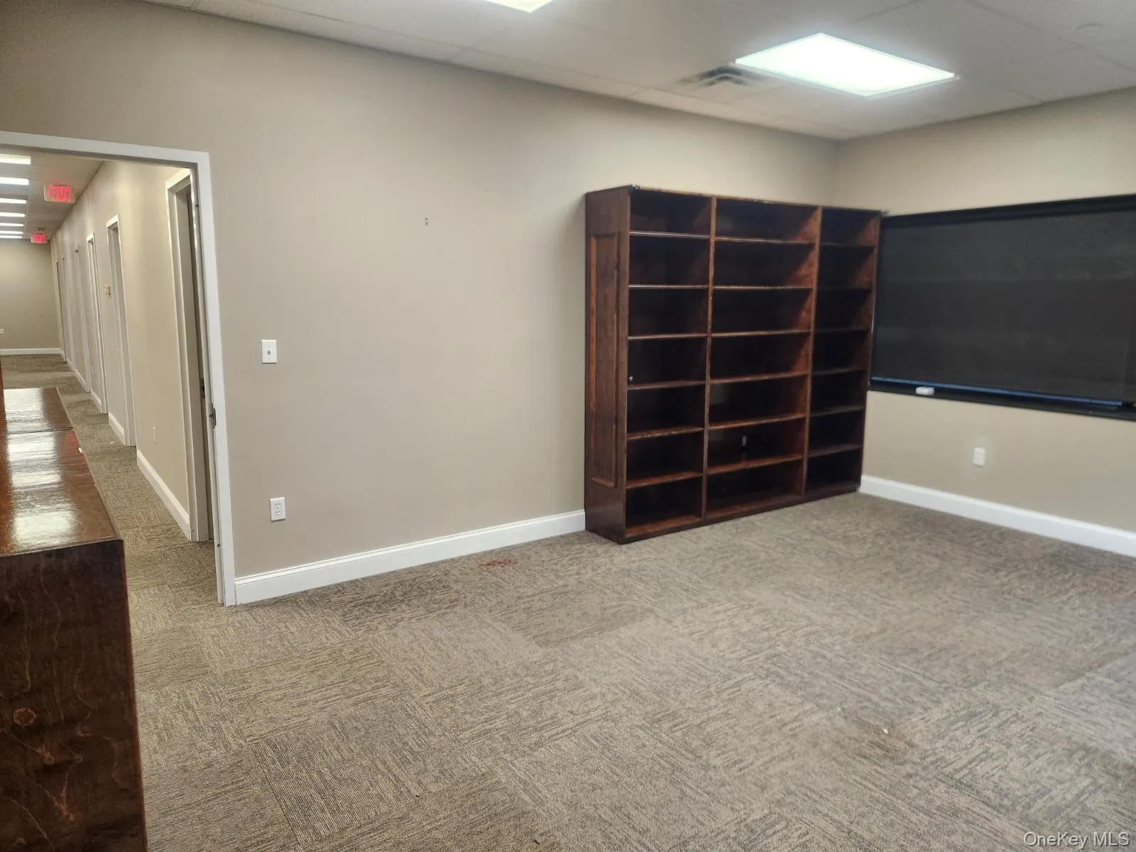 Basement featuring a paneled ceiling and light carpet Basement featuring a paneled ceiling and light carpet