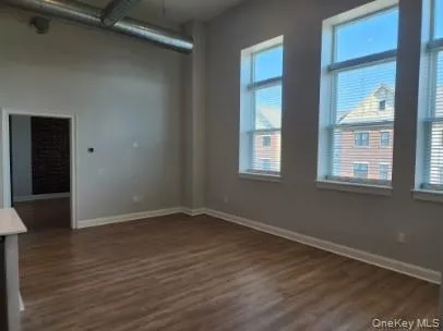 Spare room with dark wood-style flooring and baseboards Spare room with dark wood-style flooring and baseboards