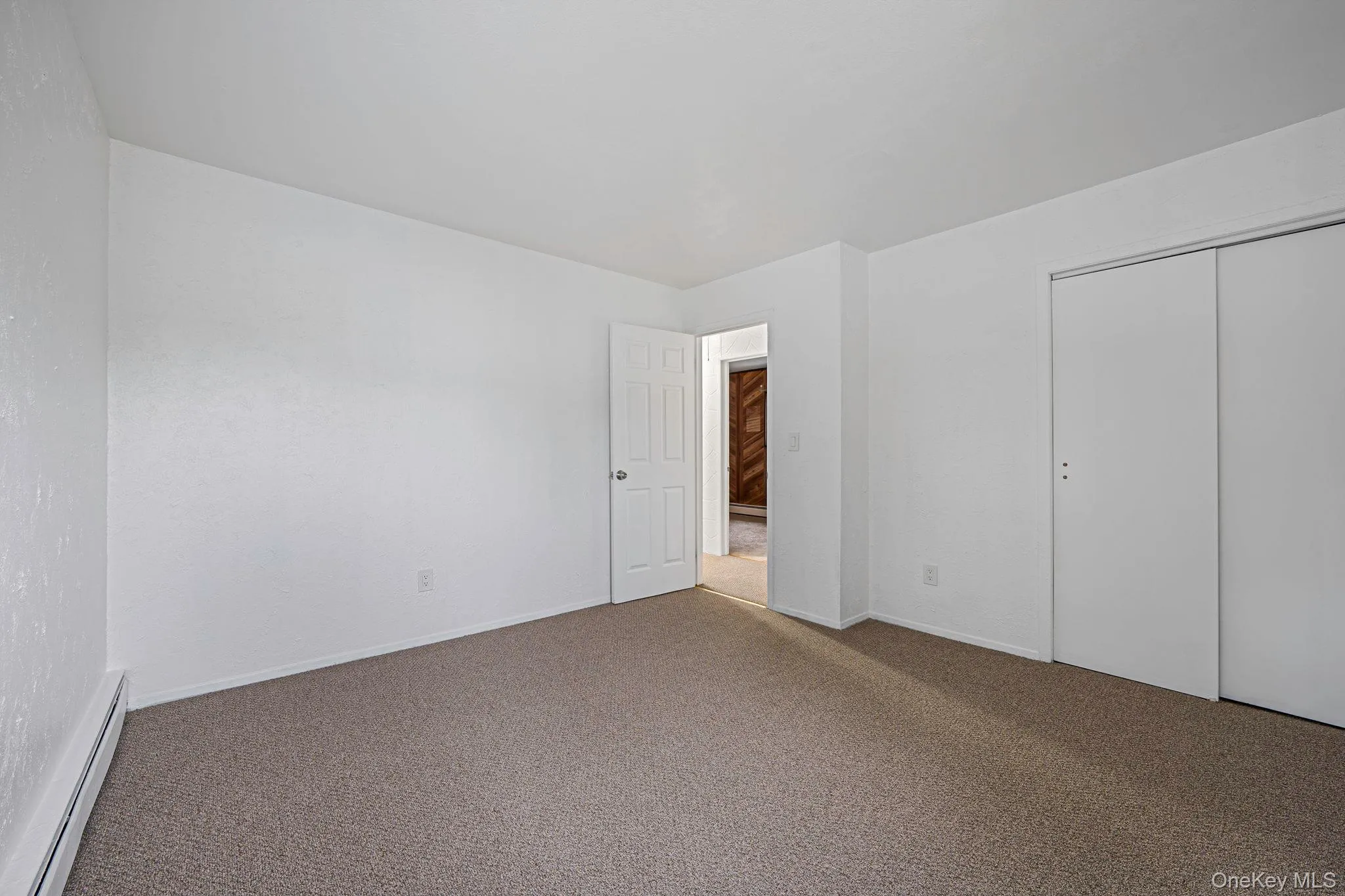 Unfurnished bedroom with baseboard heating, carpet floors, and a closet Unfurnished bedroom with baseboard heating, carpet floors, and a closet