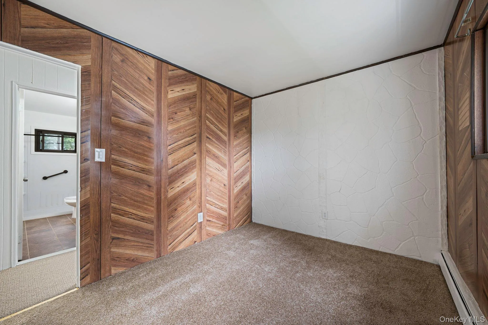 Unfurnished bedroom featuring carpet, wooden walls, baseboard heating, and ensuite bath Unfurnished bedroom featuring carpet, wooden walls, baseboard heating, and ensuite bath