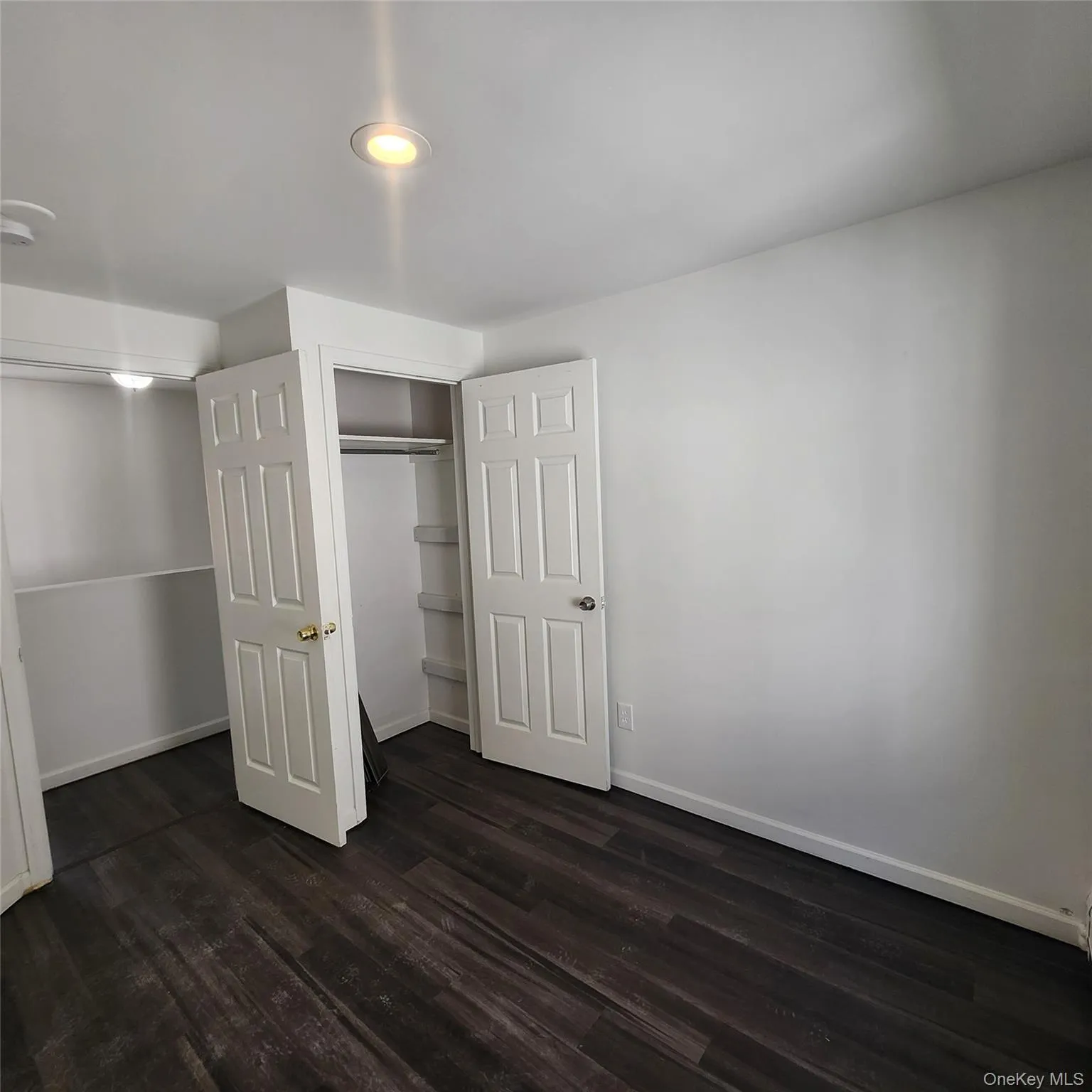 Unfurnished bedroom featuring dark wood-style flooring and a closet Unfurnished bedroom featuring dark wood-style flooring and a closet