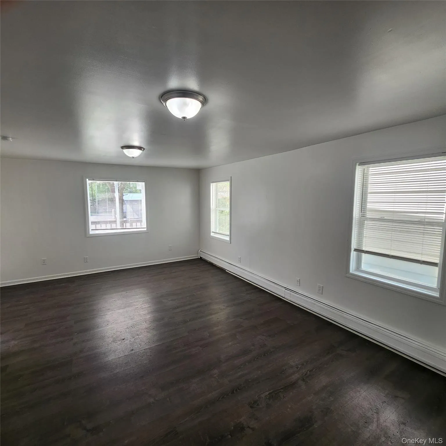 Empty room featuring healthy amount of natural light, a baseboard heating unit, and dark wood-type flooring Empty room featuring healthy amount of natural light, a baseboard heating unit, and dark wood-type flooring