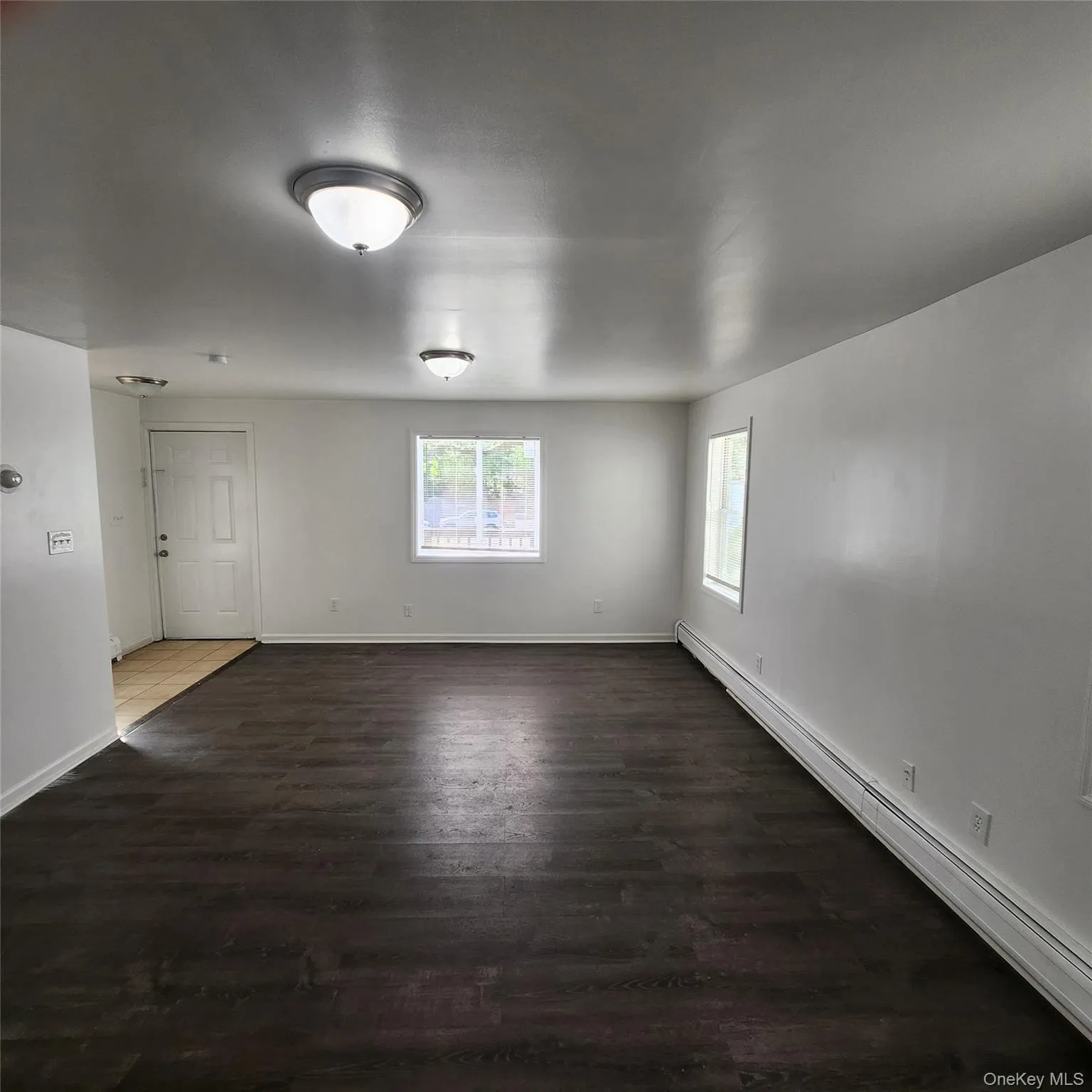 Unfurnished room with a baseboard radiator and dark wood-style flooring Unfurnished room with a baseboard radiator and dark wood-style flooring