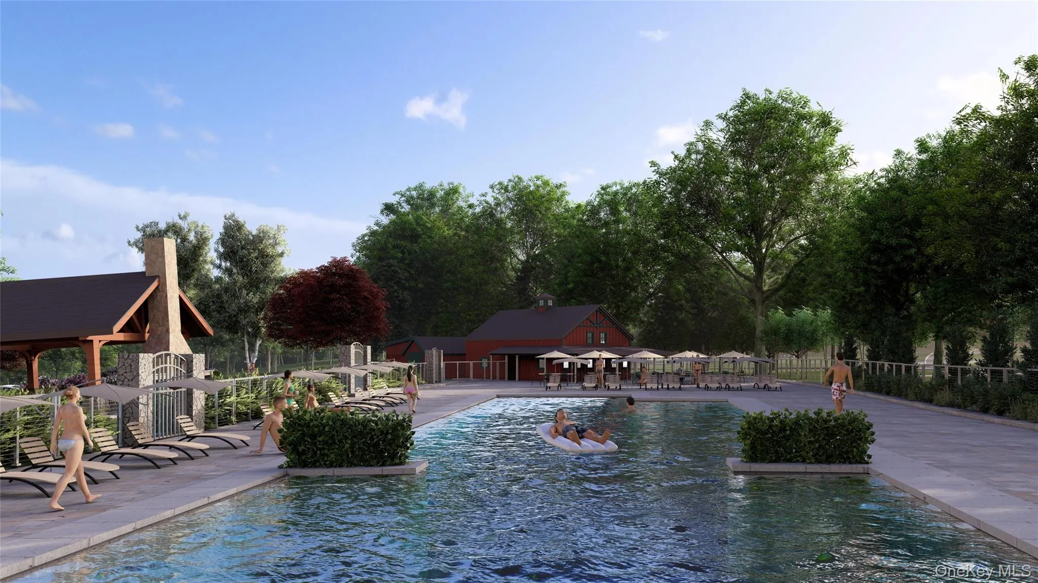 Community pool featuring a patio and view of wooded area Community pool featuring a patio and view of wooded area