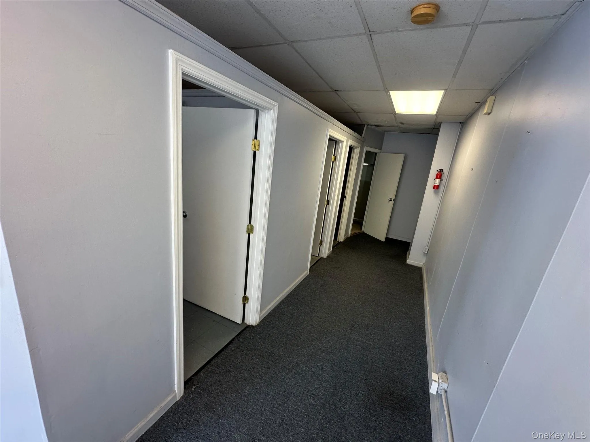 Corridor with a paneled ceiling and carpet flooring Corridor with a paneled ceiling and carpet flooring