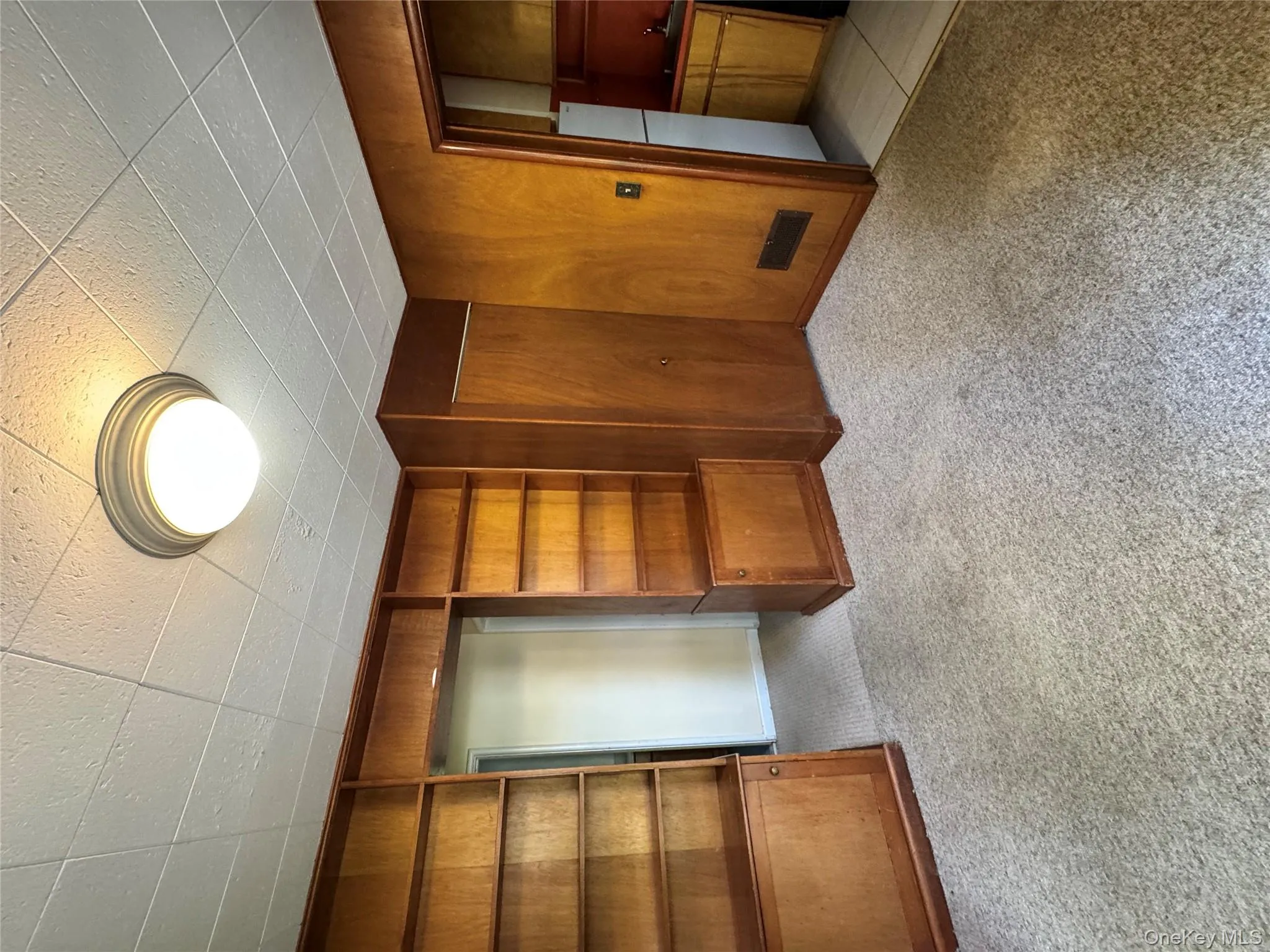 Unfurnished living room featuring light colored carpet, built in features, and wooden walls Unfurnished living room featuring light colored carpet, built in features, and wooden walls