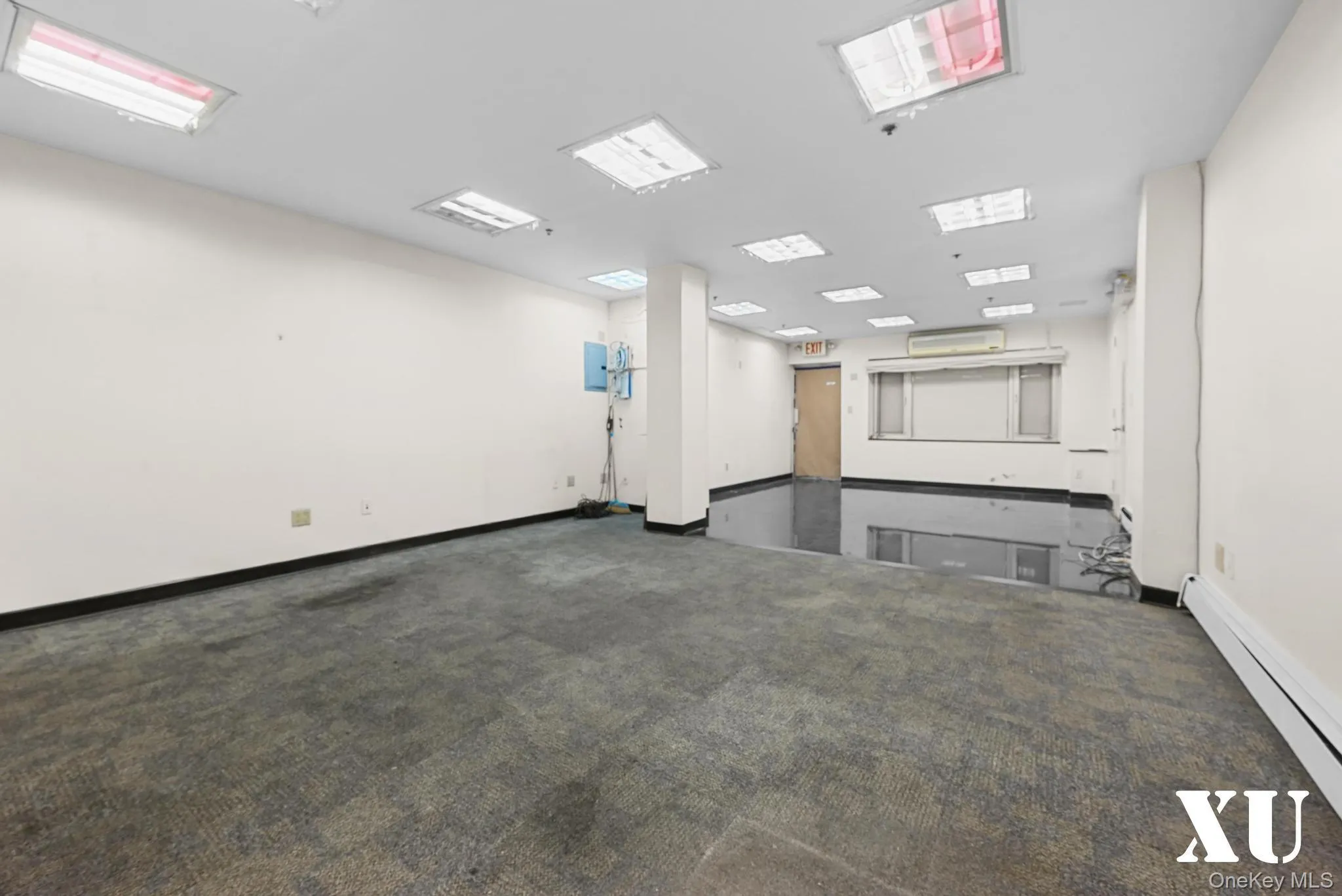 Spare room featuring a baseboard radiator and dark colored carpet Spare room featuring a baseboard radiator and dark colored carpet