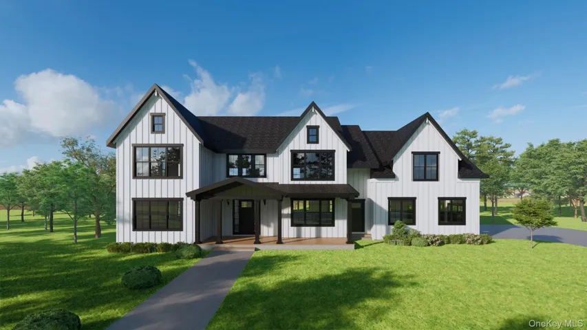 Modern farmhouse style home featuring roof with shingles, board and batten siding, a front yard, and covered porch