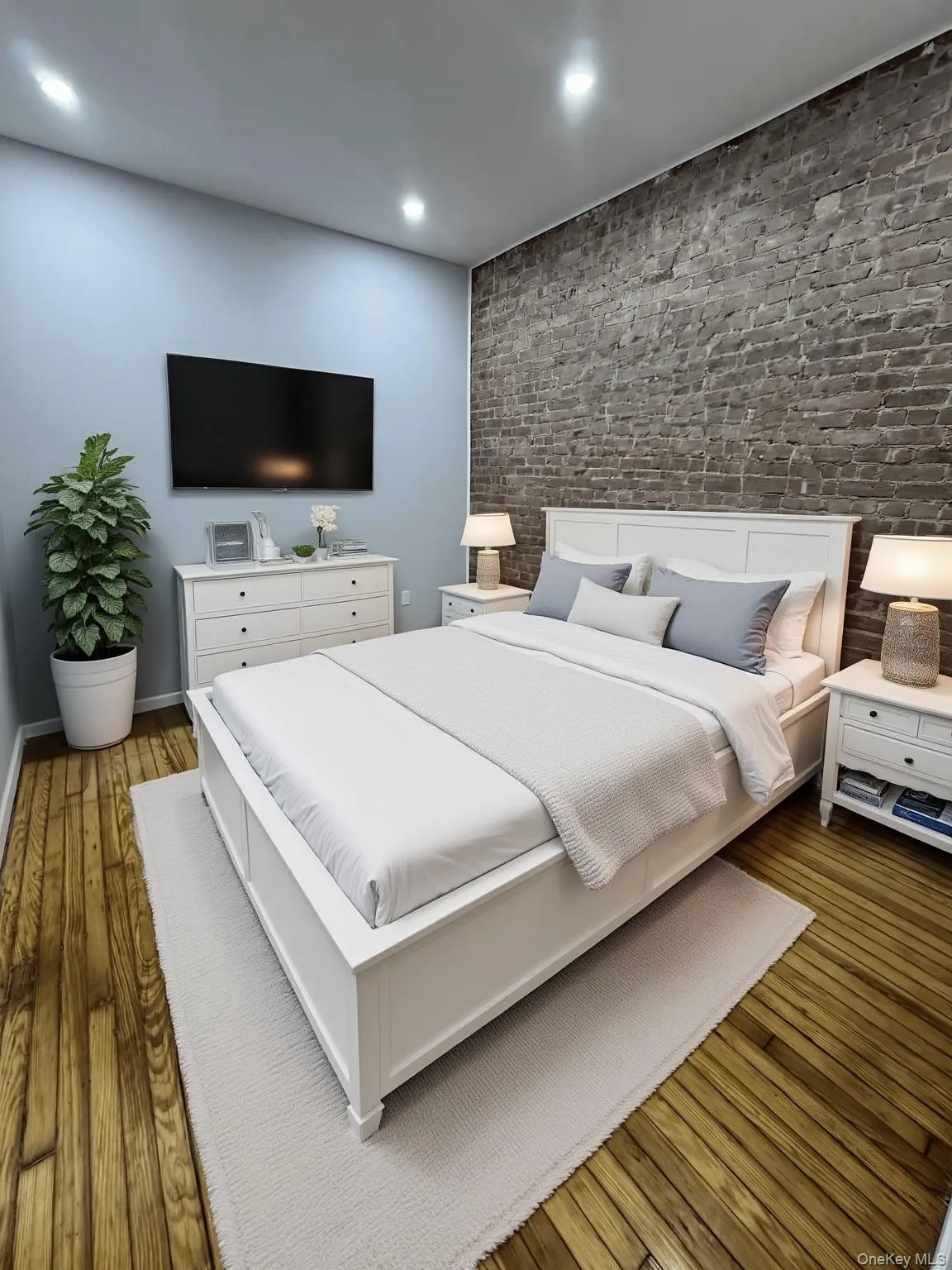 Bedroom with wood-type flooring, recessed lighting, and brick wall Bedroom with wood-type flooring, recessed lighting, and brick wall