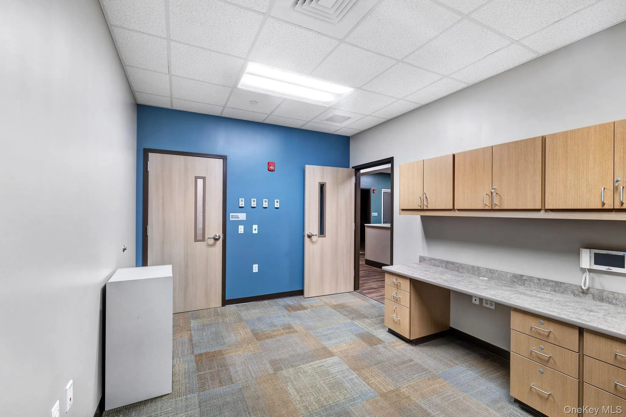 Unfurnished office featuring built in desk, a paneled ceiling, and light carpet Unfurnished office featuring built in desk, a paneled ceiling, and light carpet