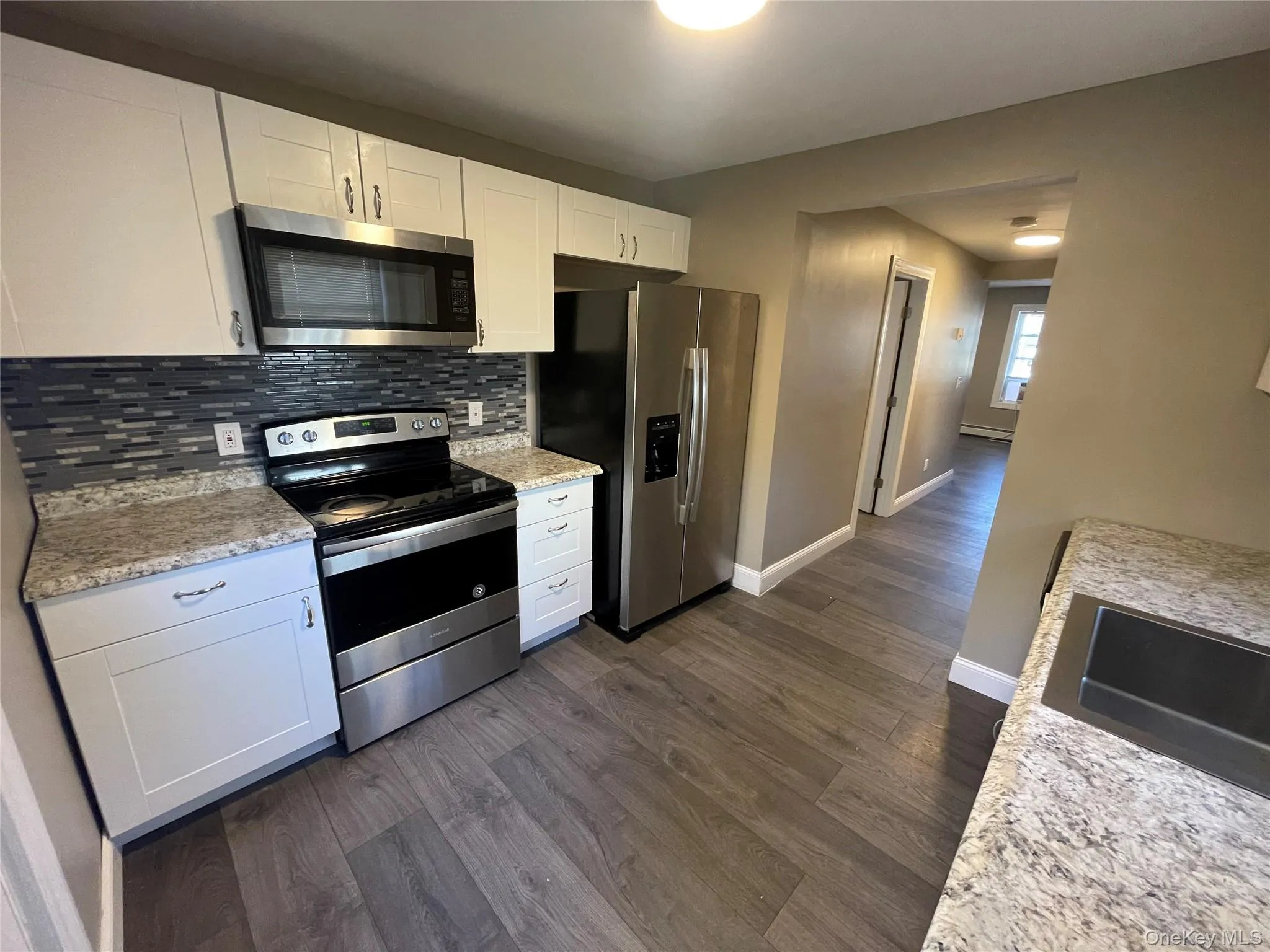 Kitchen with stainless steel appliances, white cabinets, dark wood-style floors, and tasteful backsplash Kitchen with stainless steel appliances, white cabinets, dark wood-style floors, and tasteful backsplash