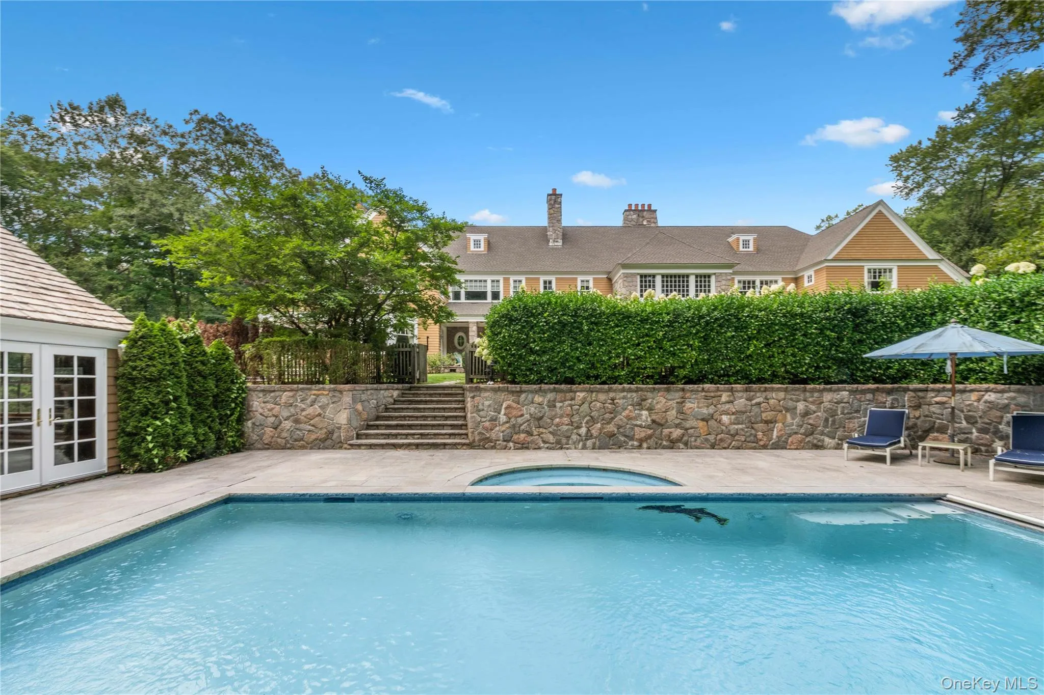 View of pool with a patio, an in-ground hot tub, french doors, and stairs View of pool with a patio, an in-ground hot tub, french doors, and stairs