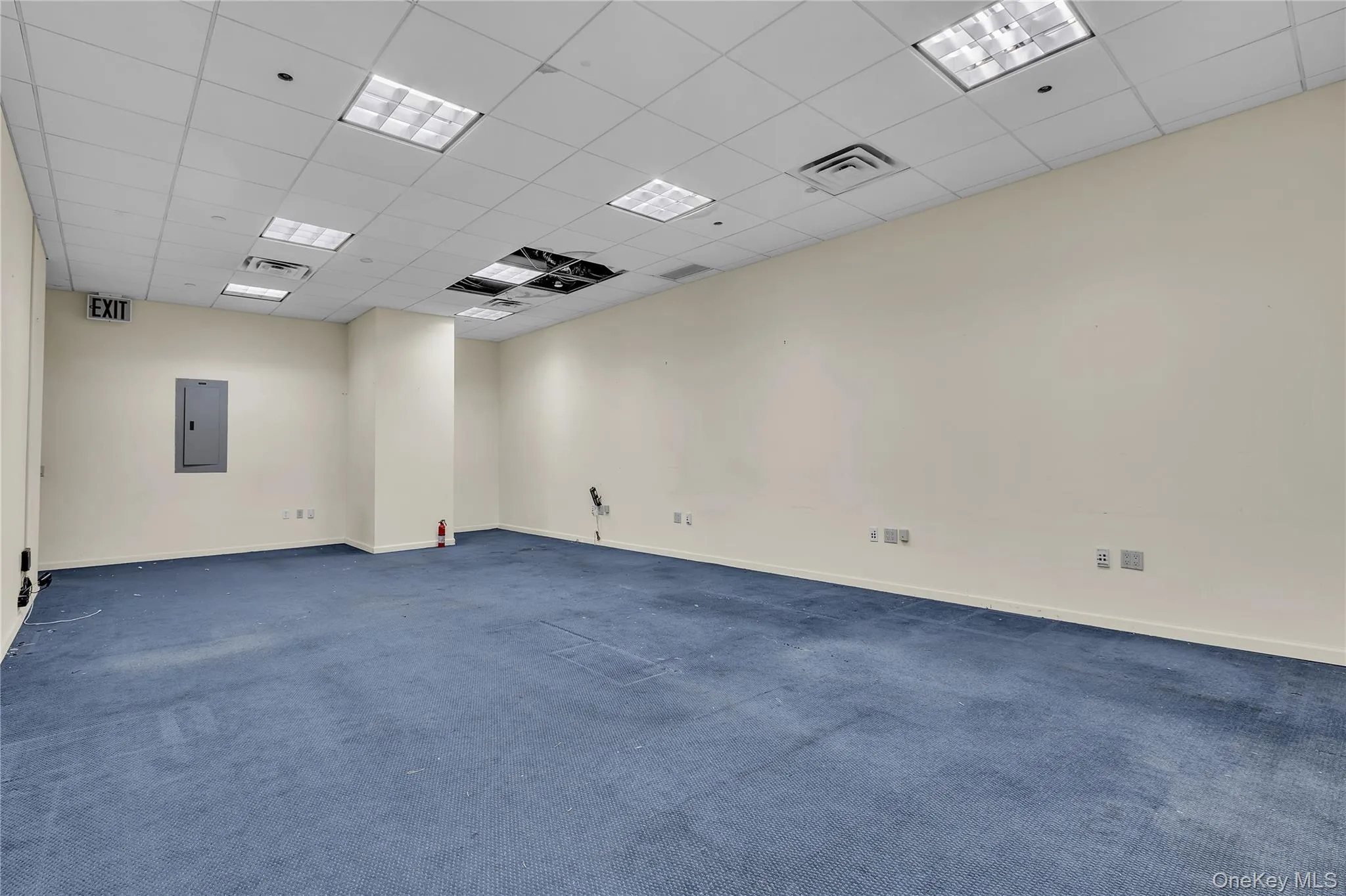 Carpeted spare room with a drop ceiling and electric panel Carpeted spare room with a drop ceiling and electric panel