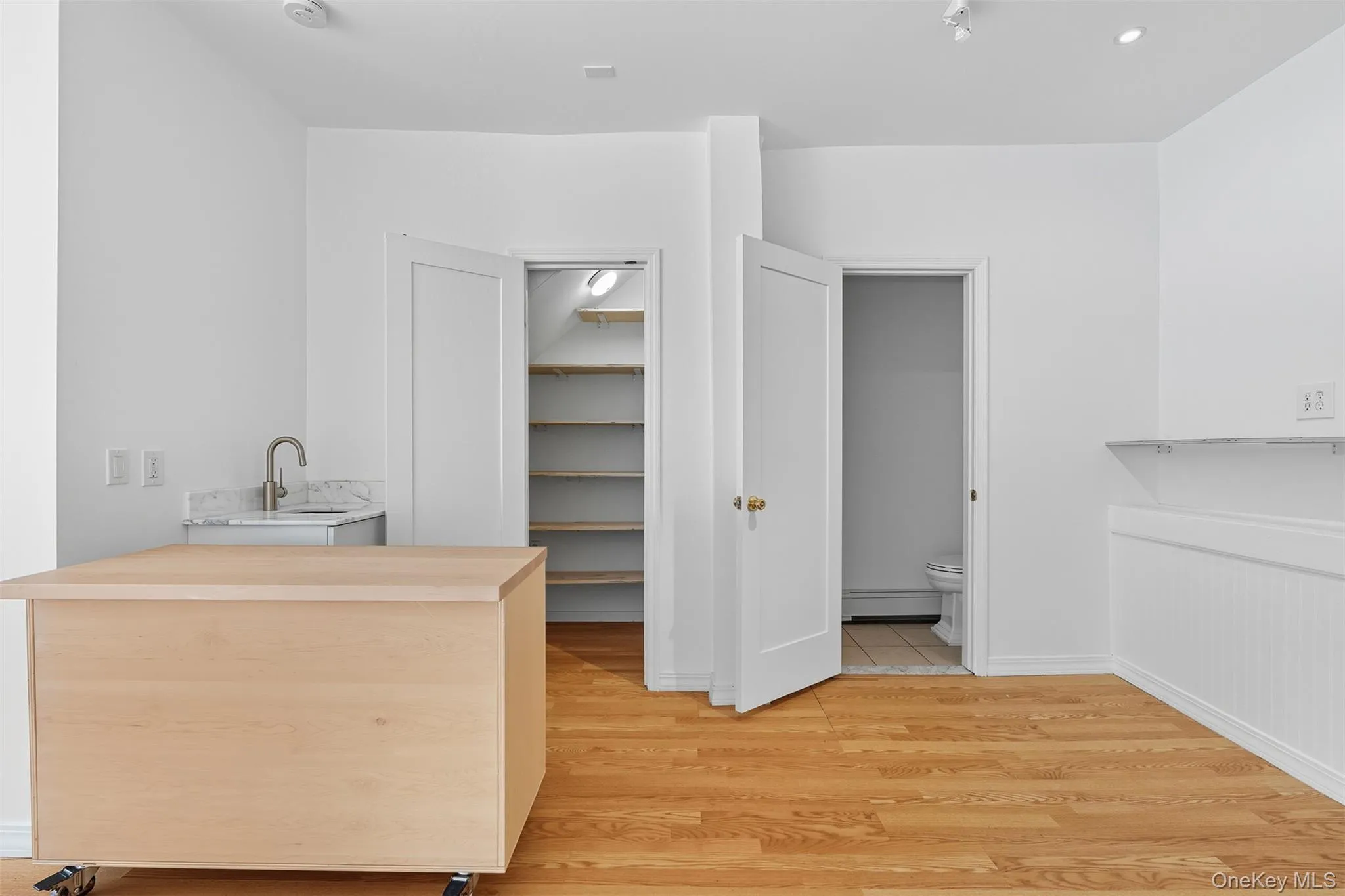 Bar with light wood-style flooring, light countertops, and a baseboard radiator Bar with light wood-style flooring, light countertops, and a baseboard radiator