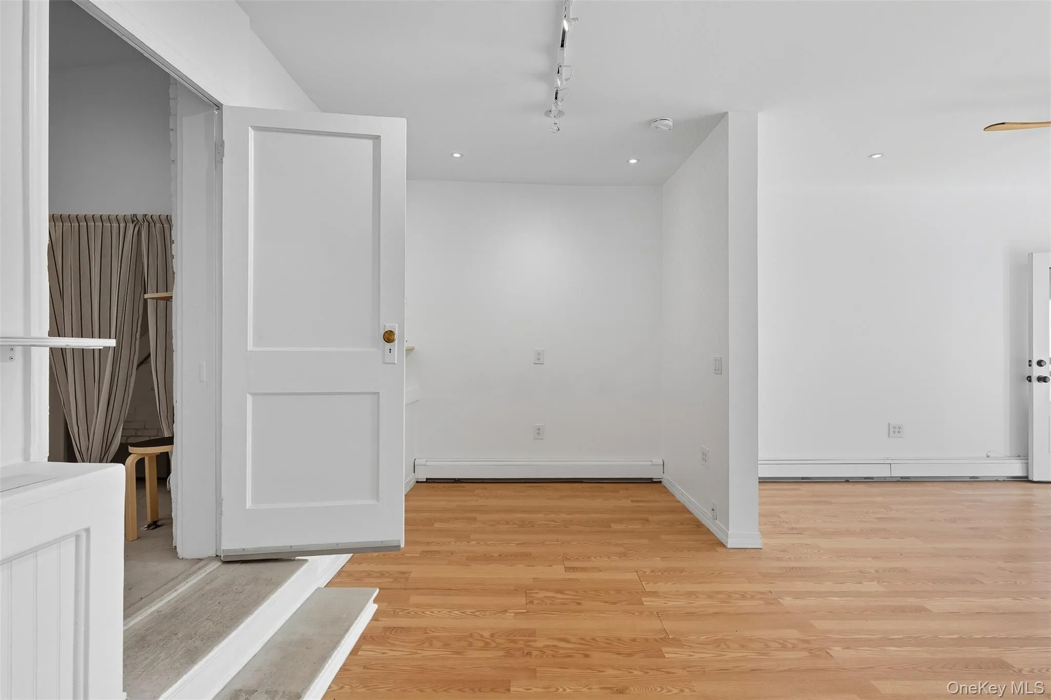 Spare room with light wood-style floors, rail lighting, and a baseboard heating unit Spare room with light wood-style floors, rail lighting, and a baseboard heating unit