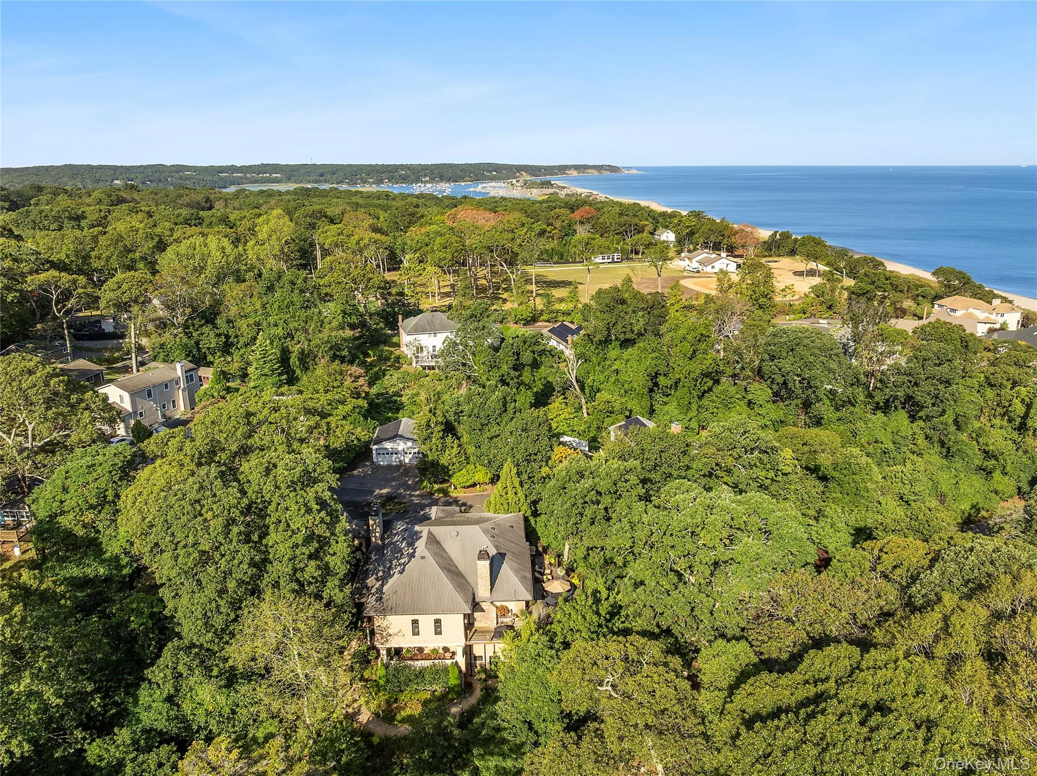 Bird's eye view of a heavily wooded area and a large body of water Bird's eye view of a heavily wooded area and a large body of water