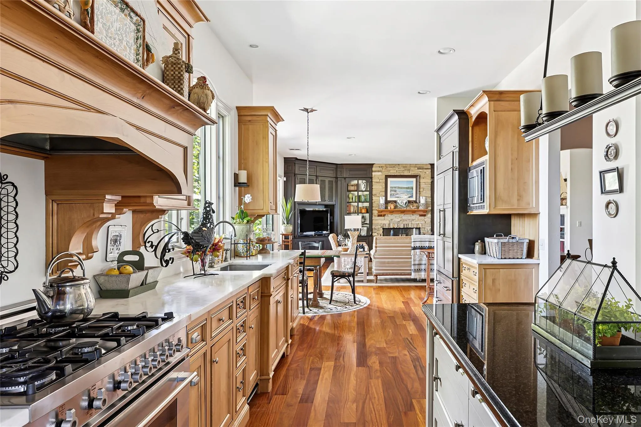 Kitchen featuring built in appliances, dark wood-style flooring, dark stone counters, pendant lighting, and open floor plan Kitchen featuring built in appliances, dark wood-style flooring, dark stone counters, pendant lighting, and open floor plan